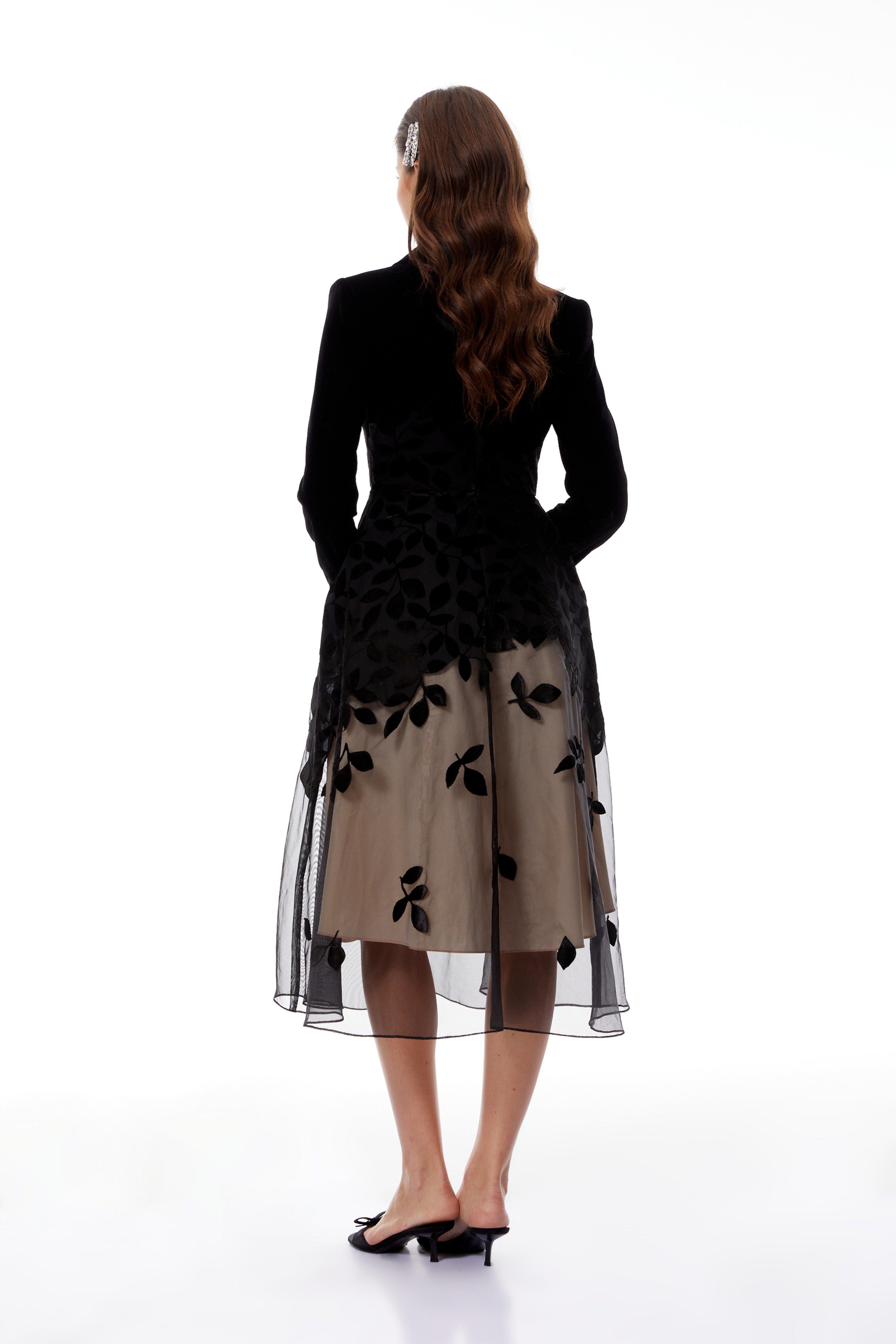 Black velvet floral mesh midi dress