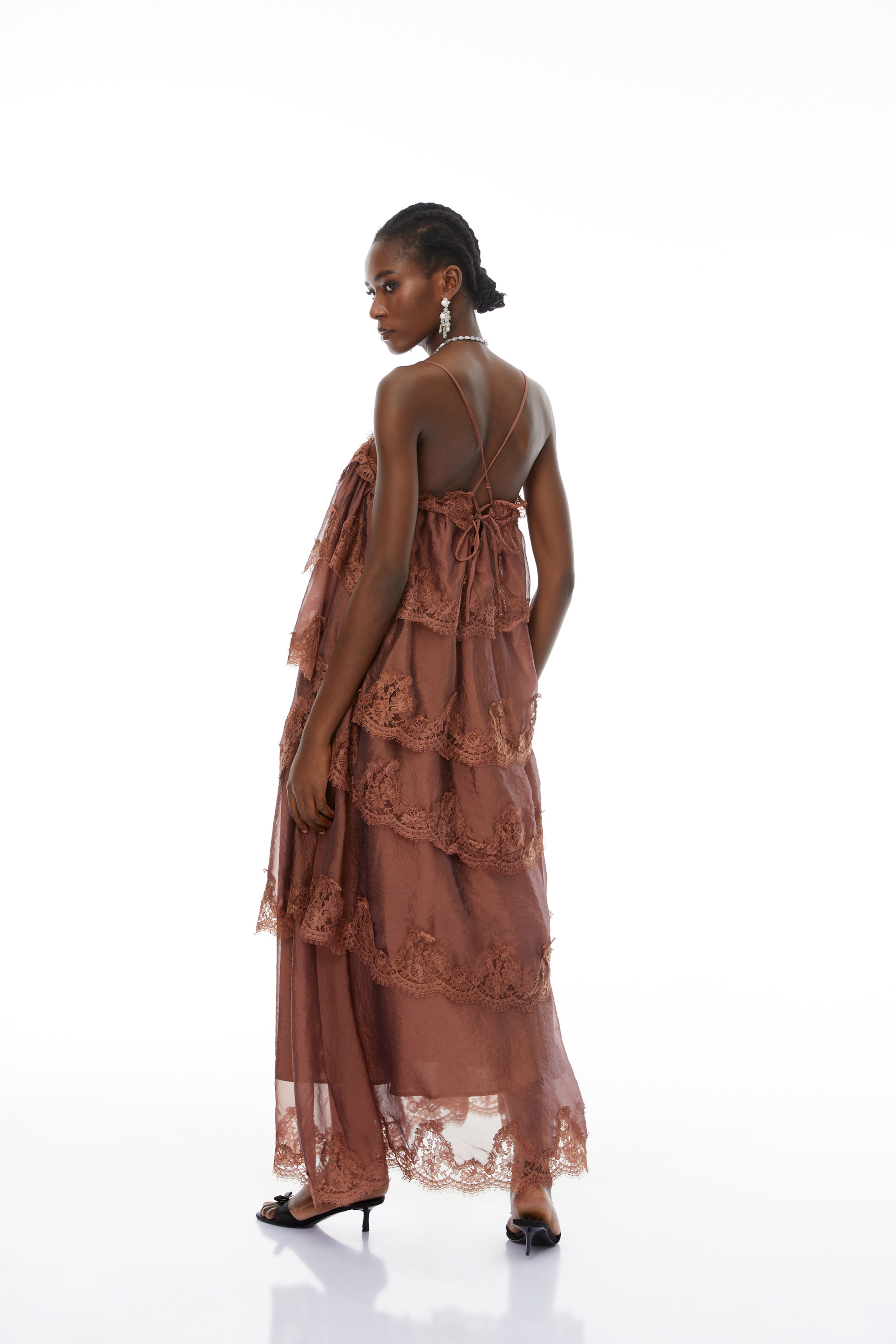 Sloane Brown Ruffled Lace Trim Maxi Dress – Miss Rosier - Women's