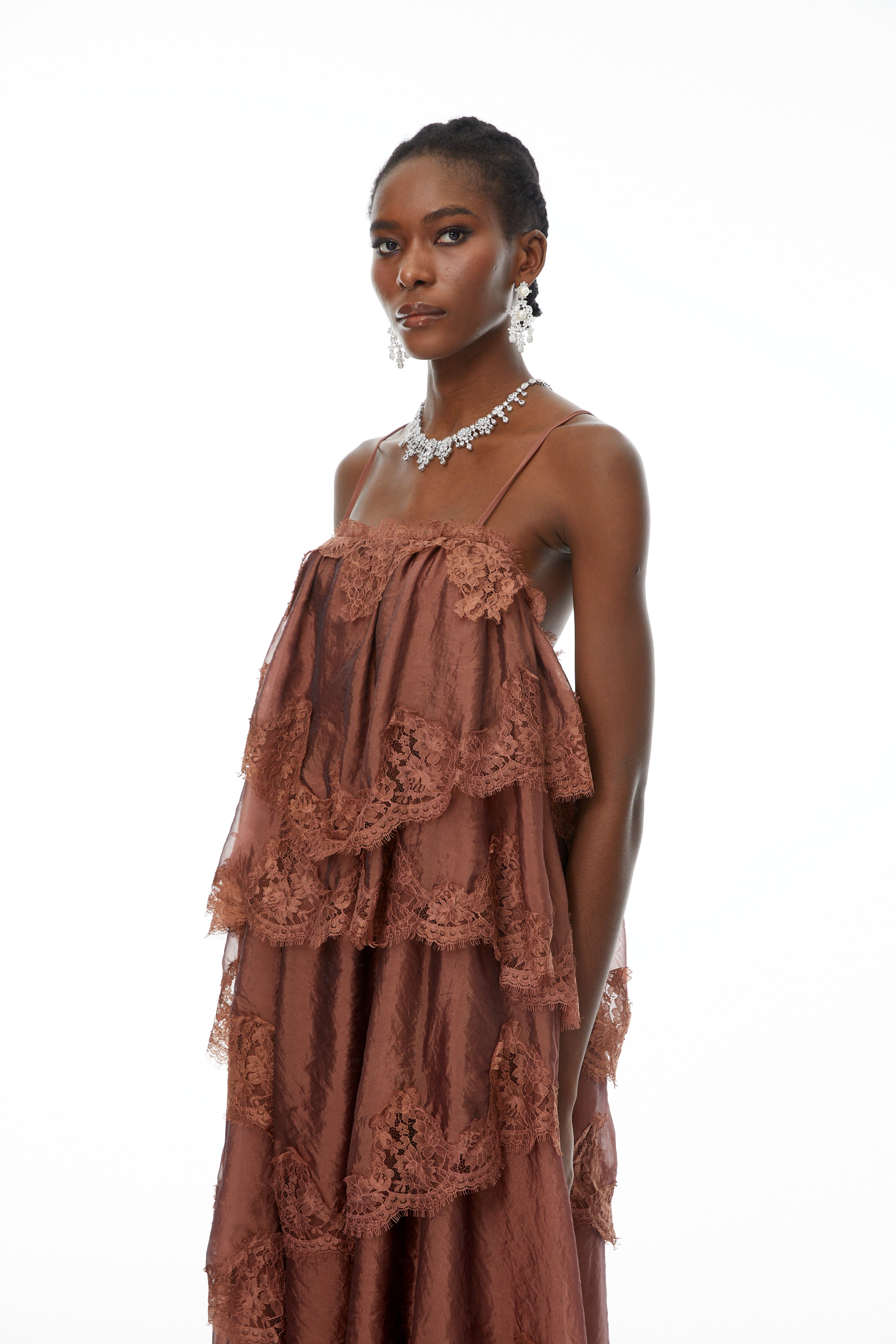 Sloane Brown Ruffled Lace Trim Maxi Dress – Miss Rosier - Women's