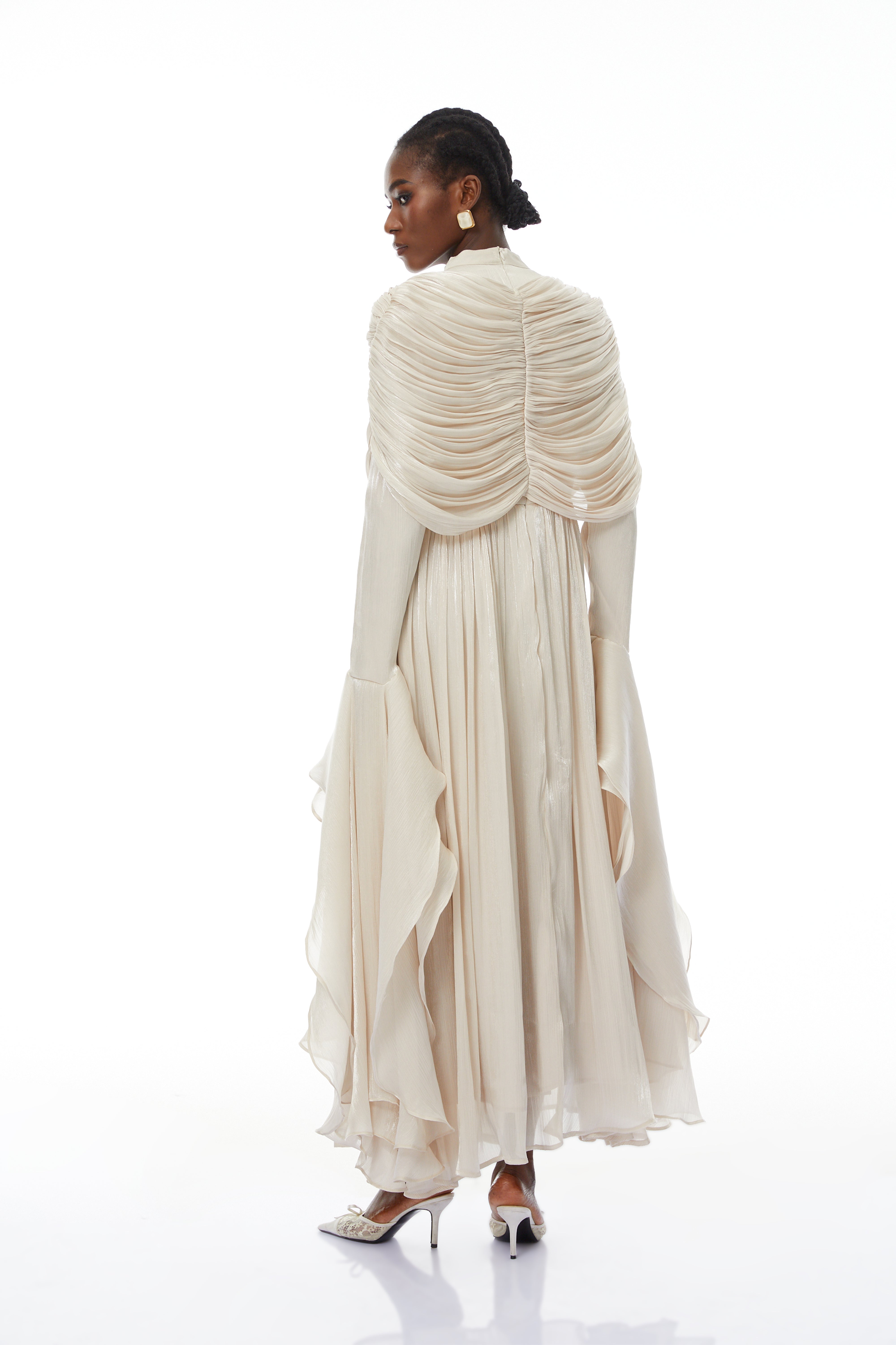Ruched Cape Ruffled Maxi Dress