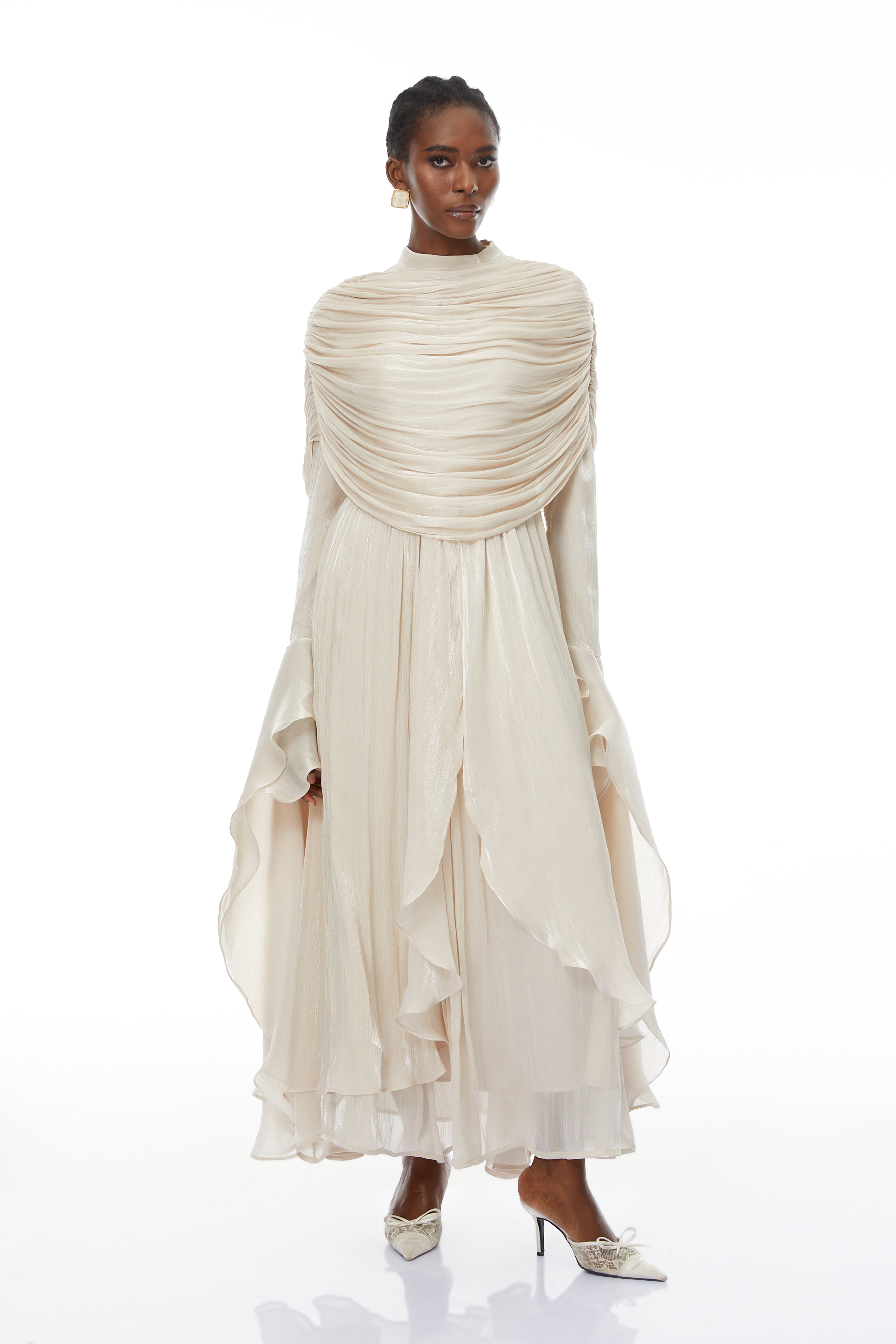 Ruched Cape Ruffled Maxi Dress