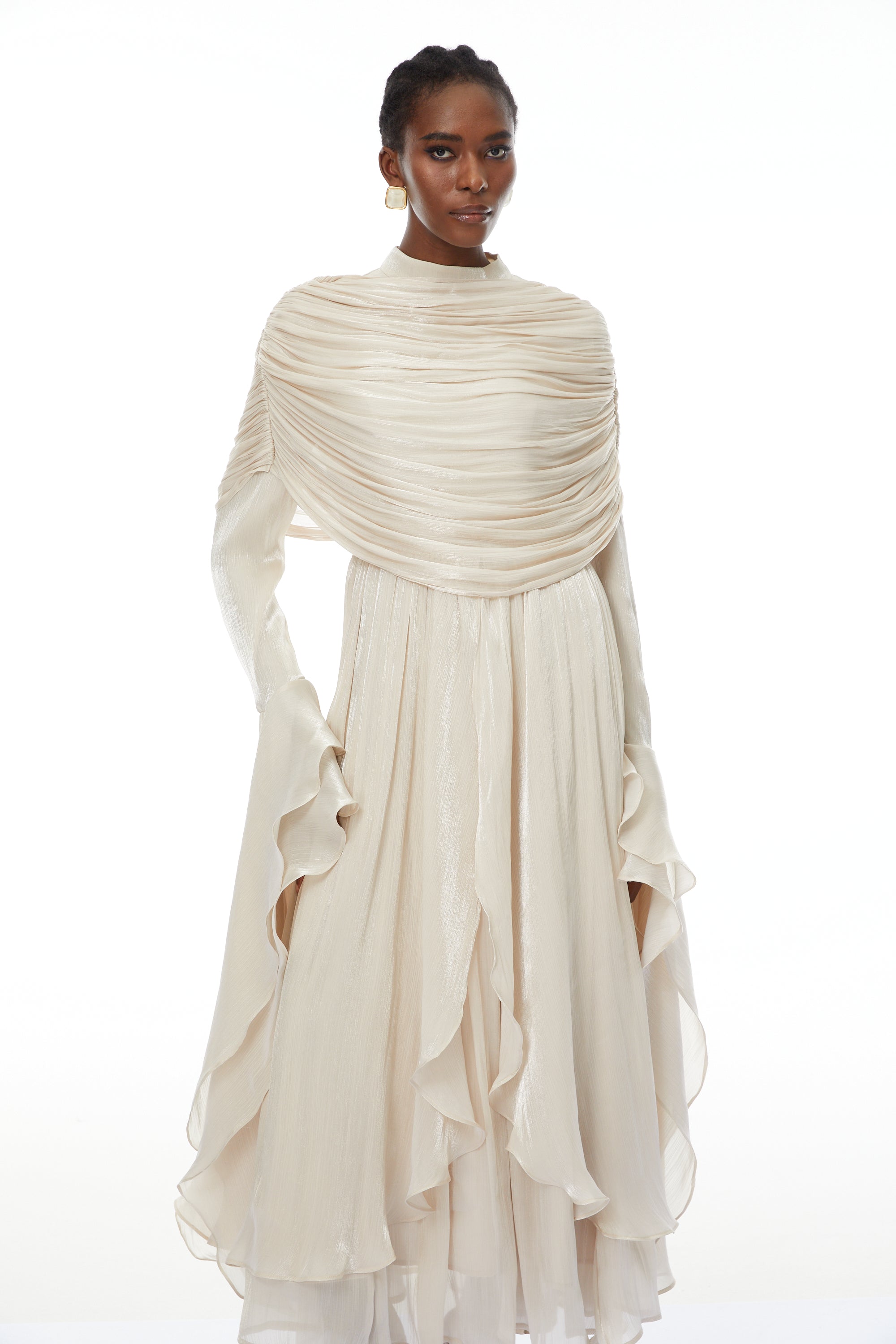 Ruched Cape Ruffled Maxi Dress