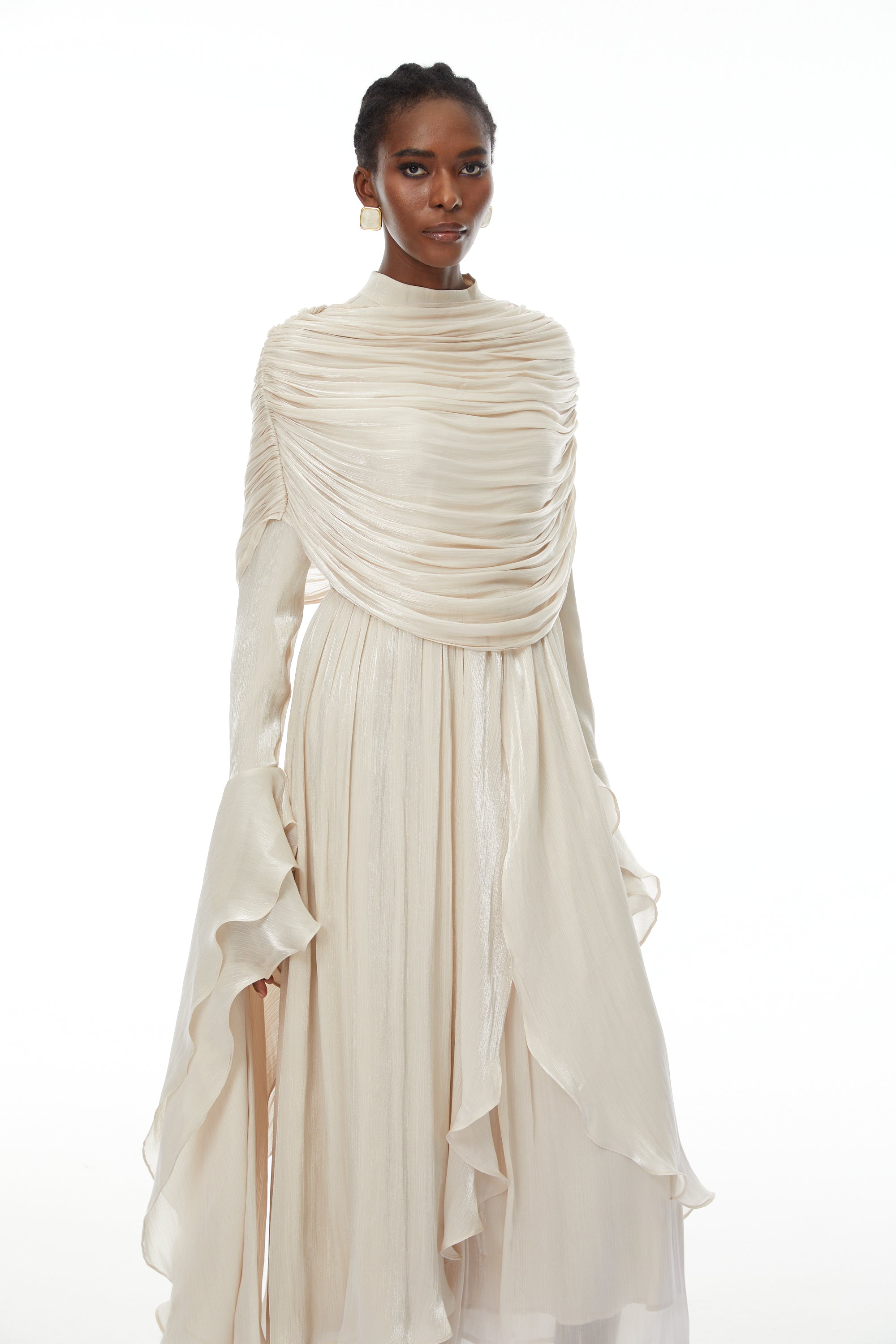 Ruched Cape Ruffled Maxi Dress