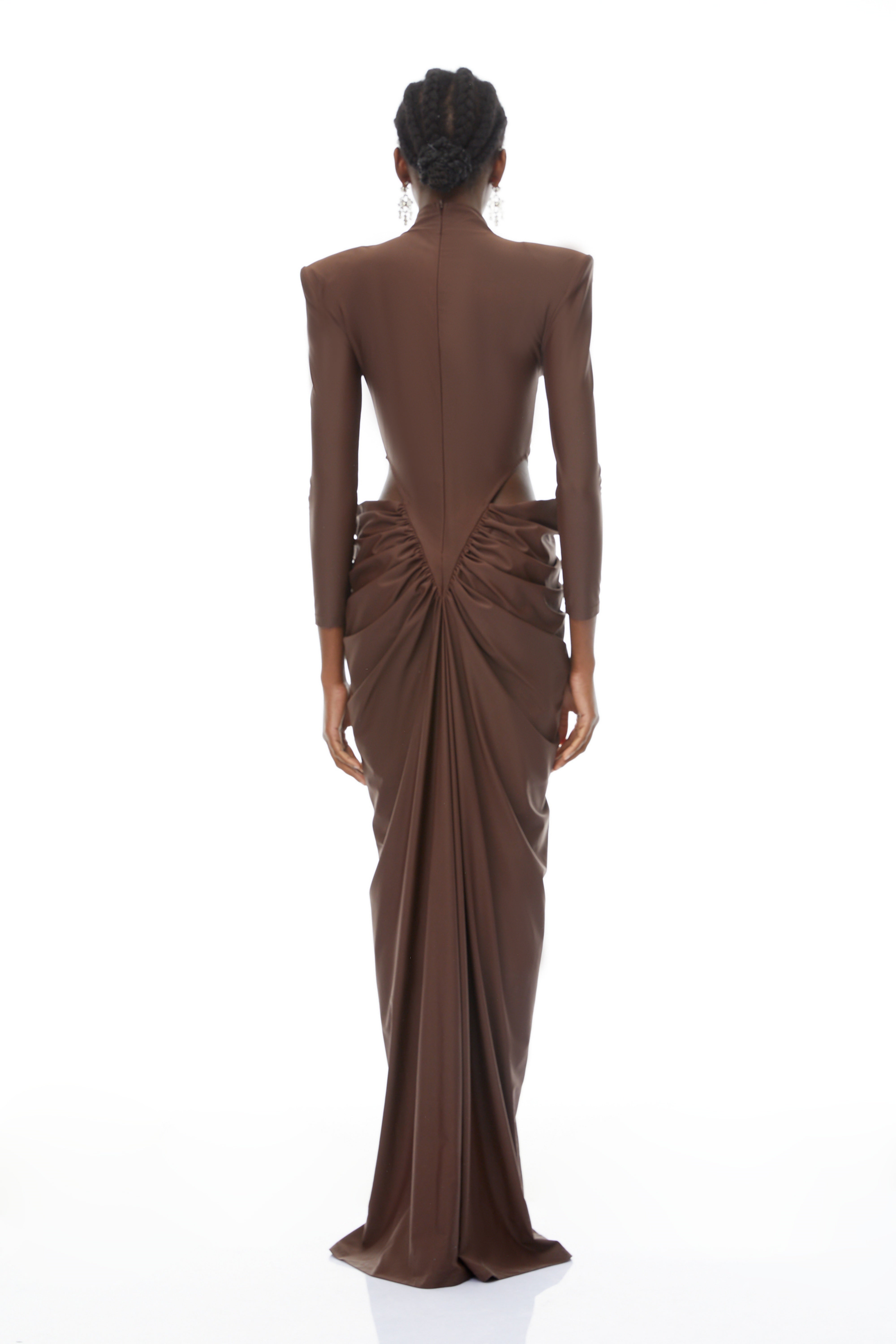 Brown Ruched Turtleneck Maxi Gown
