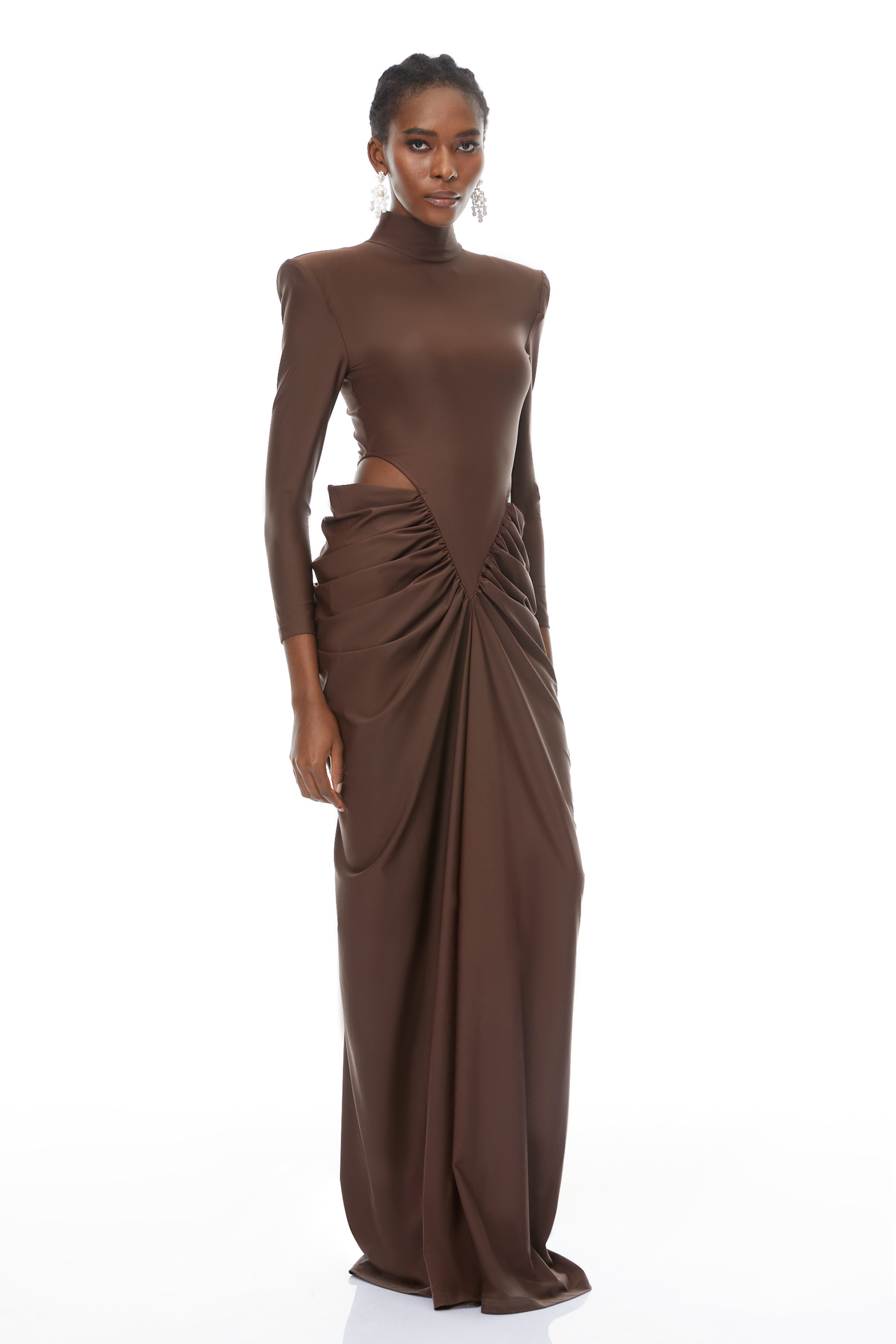 Brown Ruched Turtleneck Maxi Gown