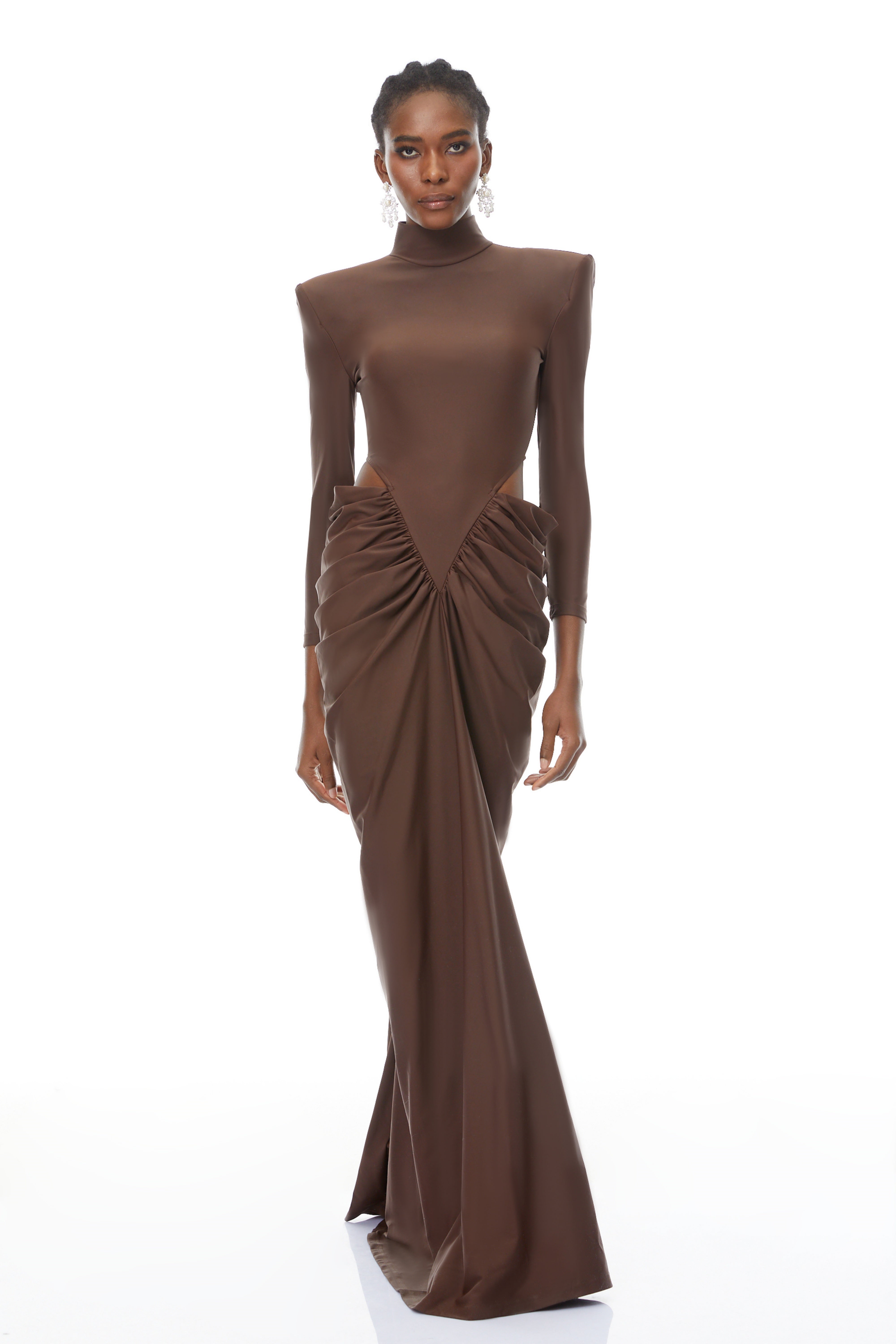 Brown Ruched Turtleneck Maxi Gown