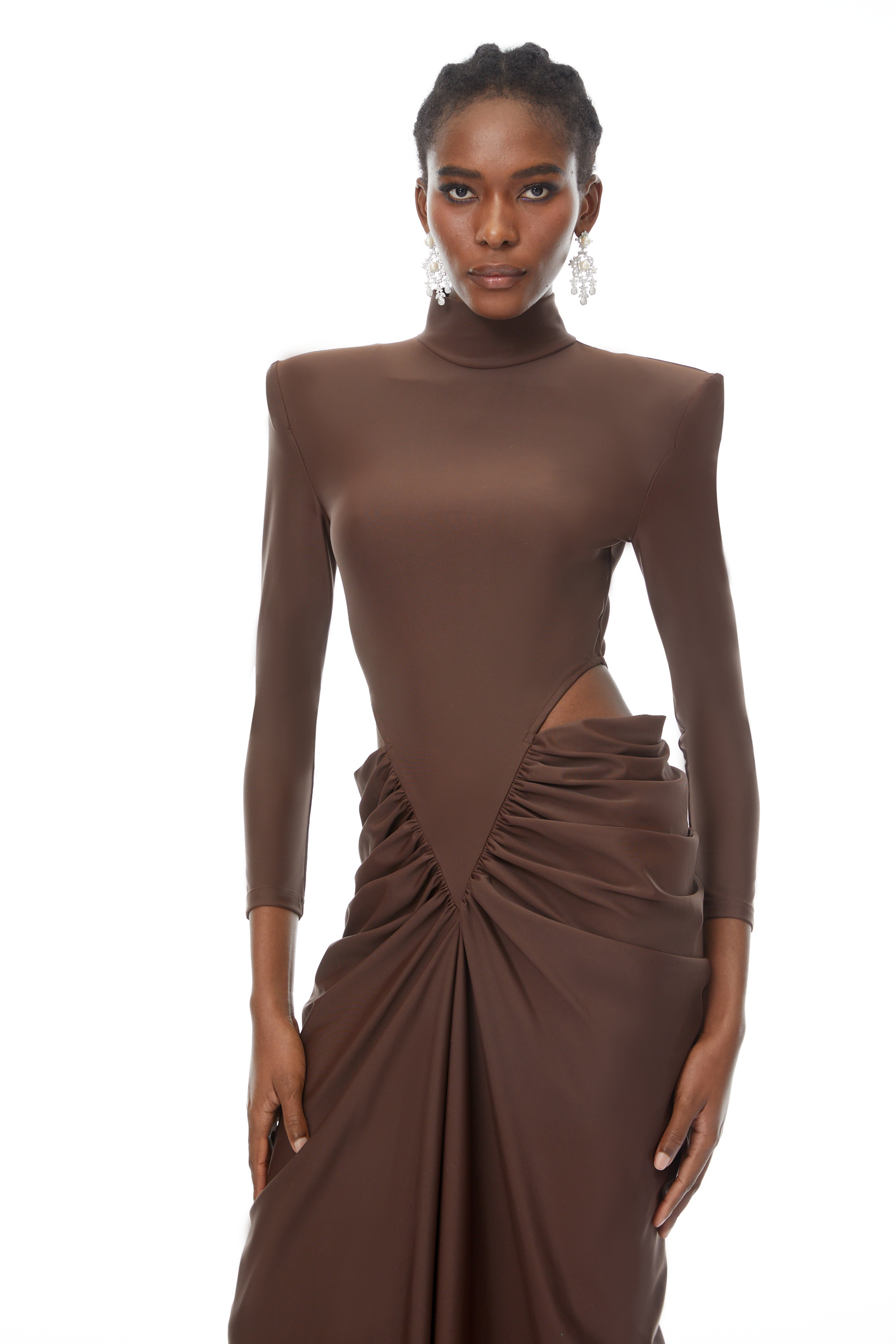 Brown Ruched Turtleneck Maxi Gown