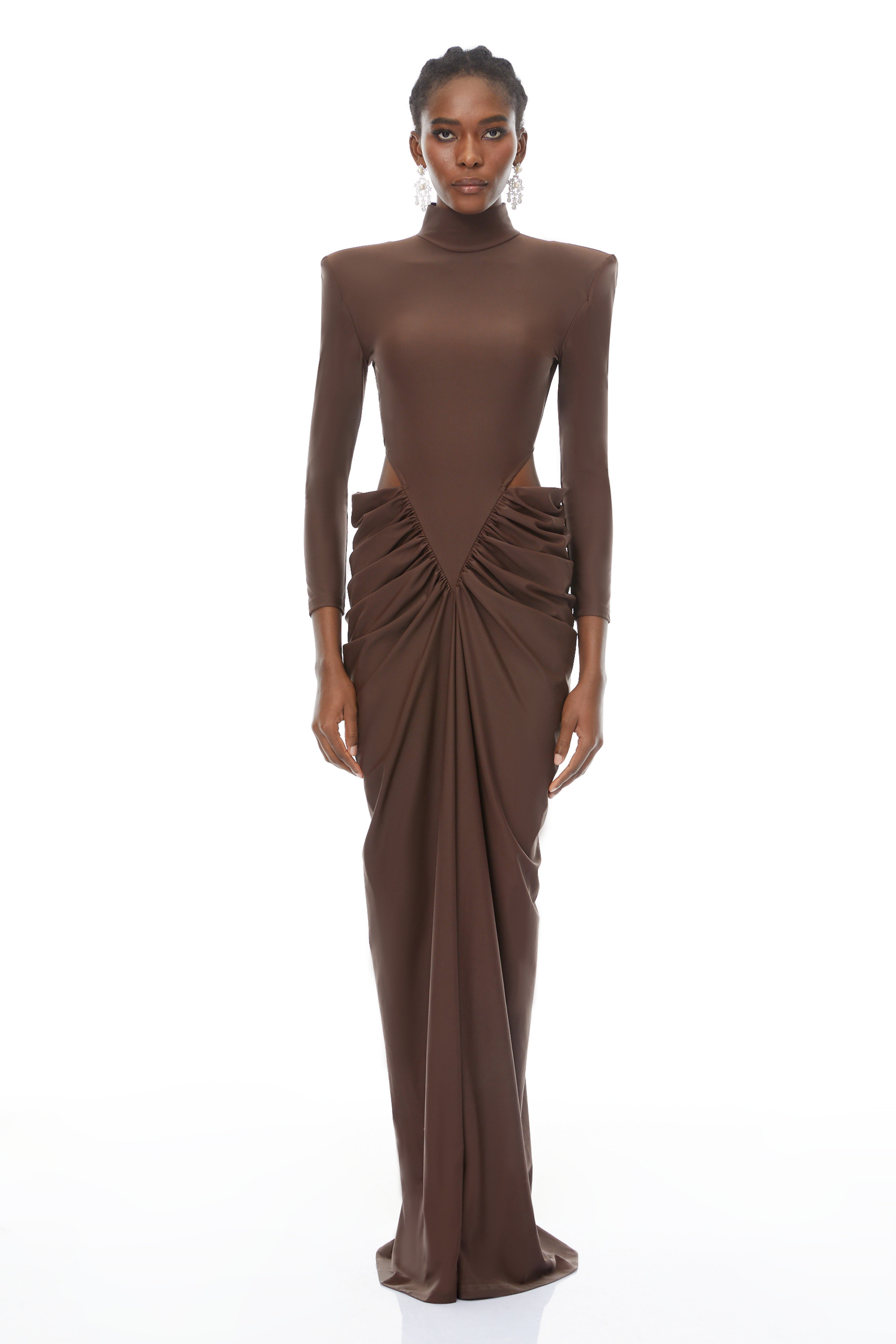 Brown Ruched Turtleneck Maxi Gown