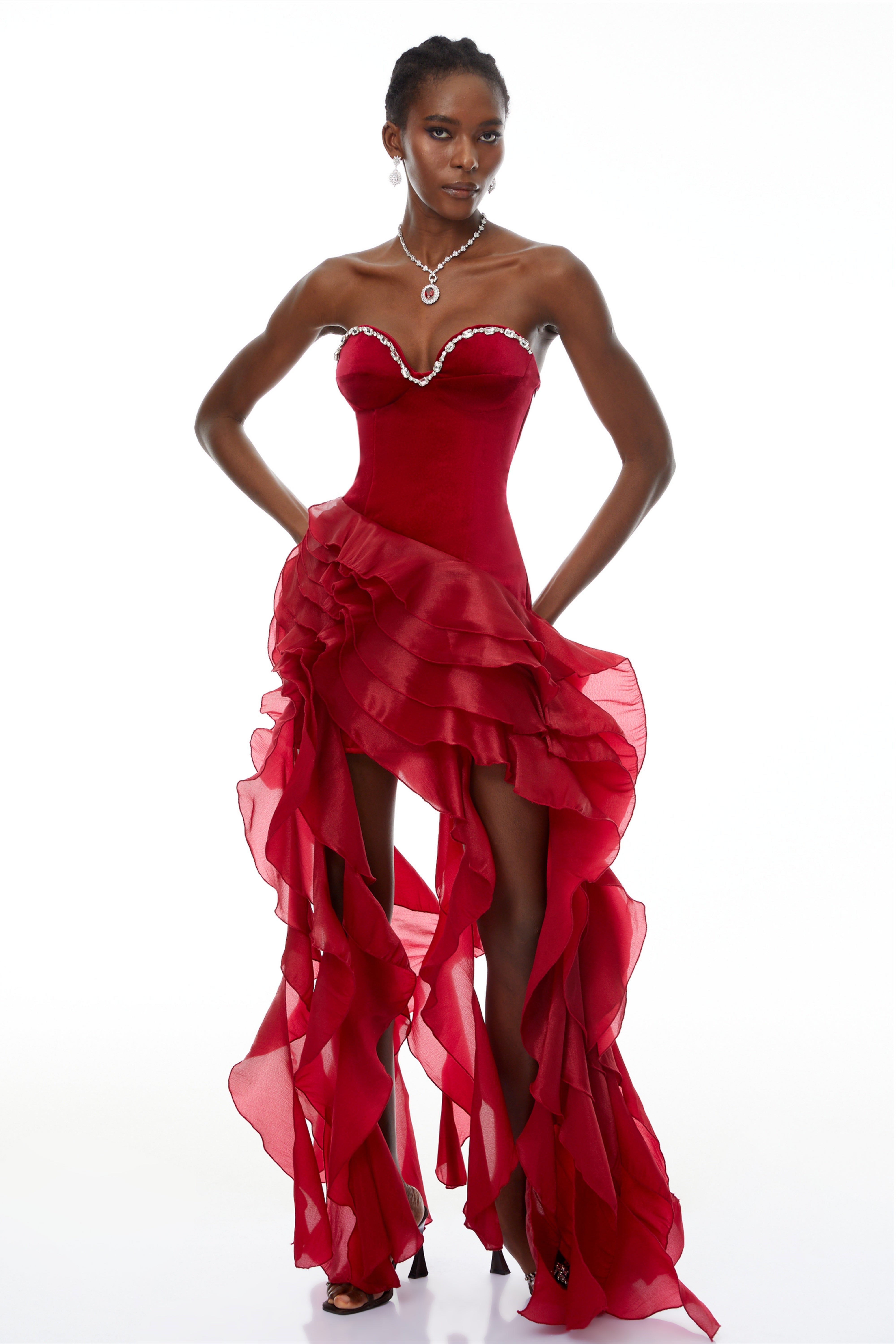 Lunetta Red Strapless Ruffled Maxi Dress – Miss Rosier - Women's