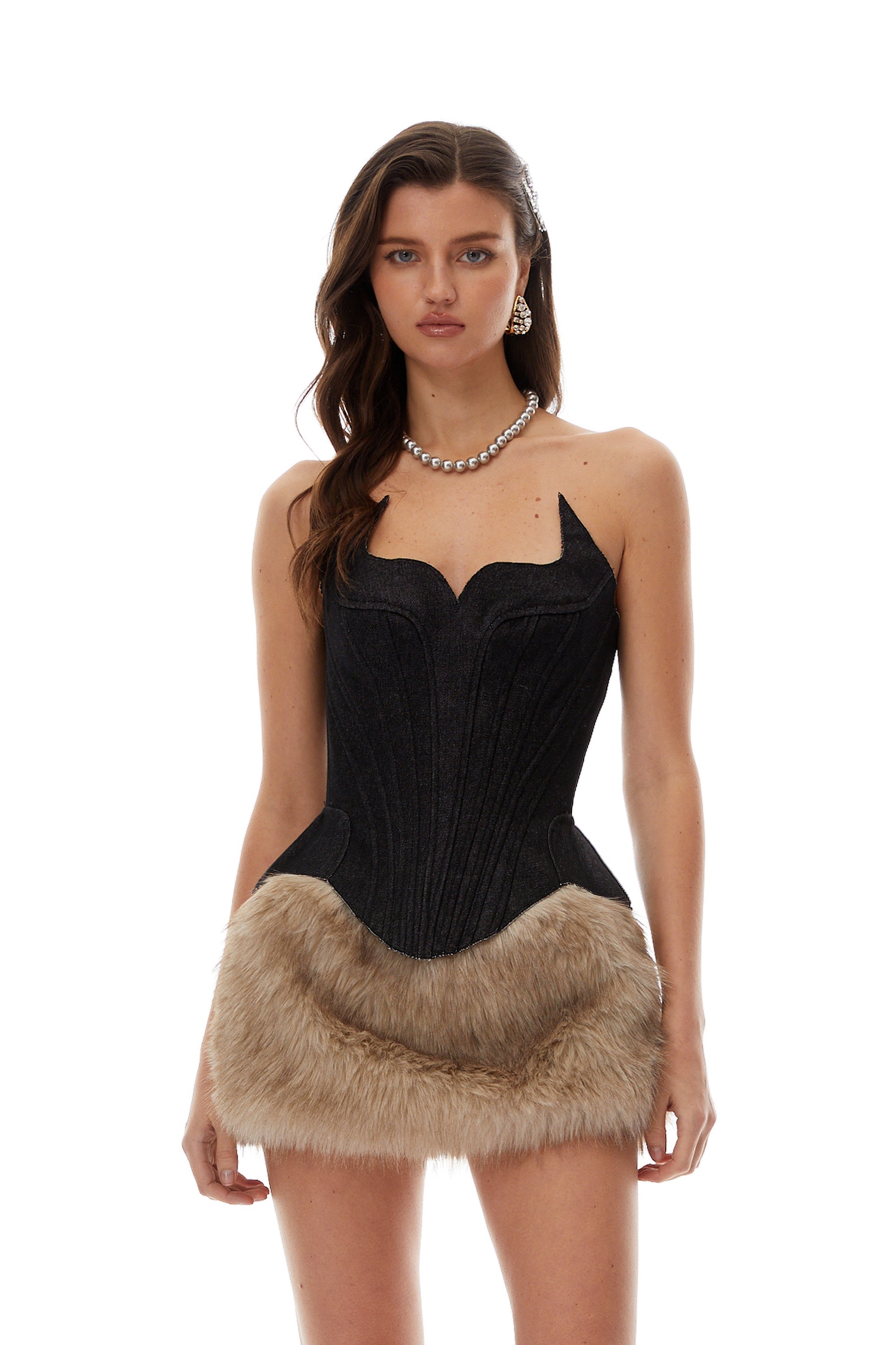 Corset Top & Faux Fur Mini Skirt