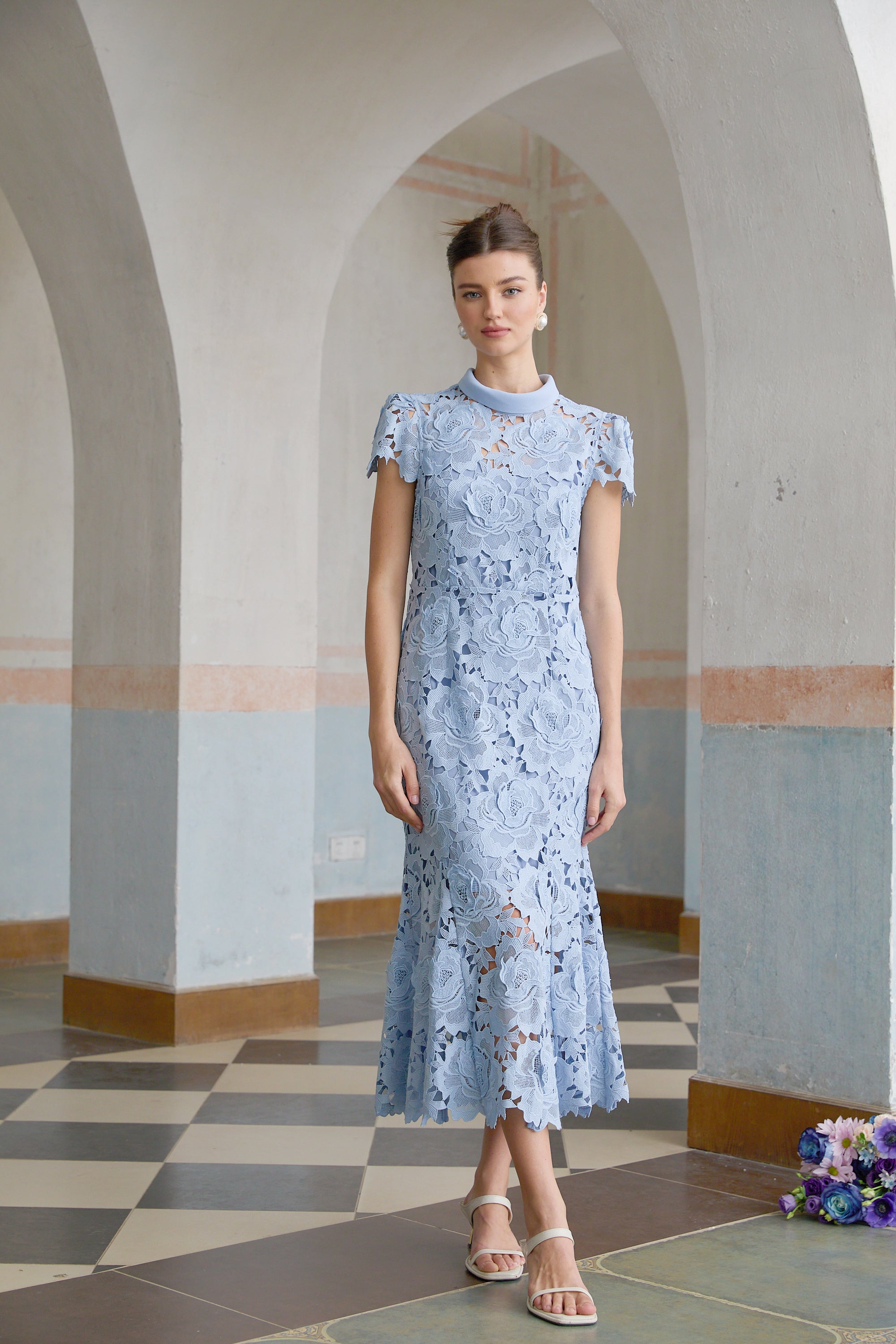 Aurore Blue Floral Appliqué Lace Midi Dress – Miss Rosier