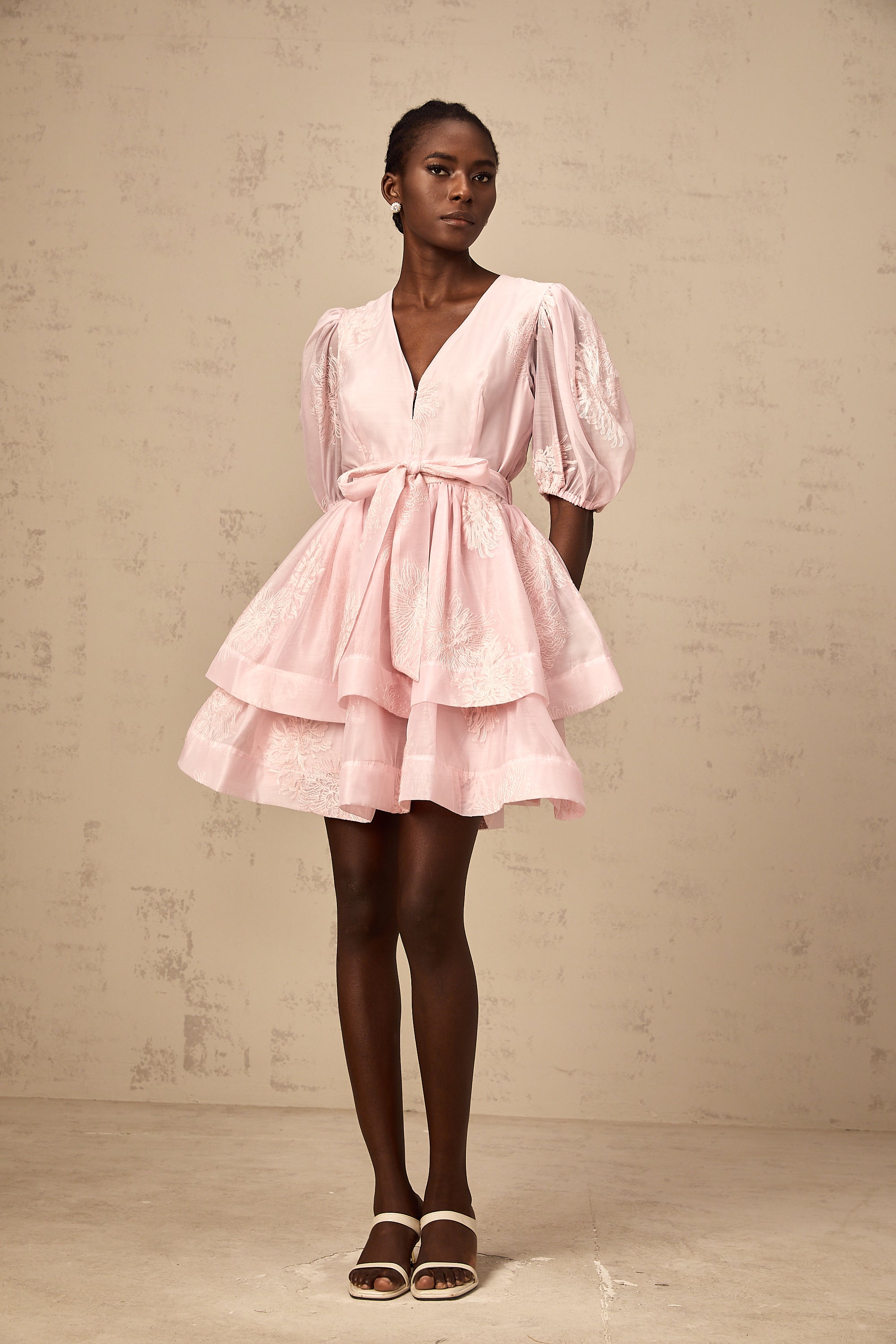 Florence pink floral-embroidered layered mini dress – Miss Rosier