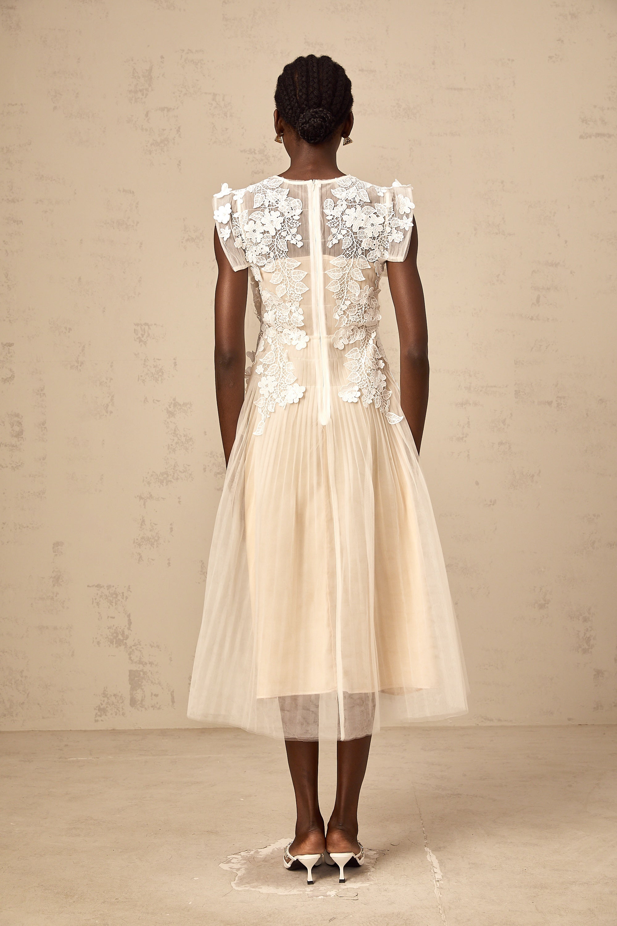 Flower-Appliqué Tulle Midi Dress