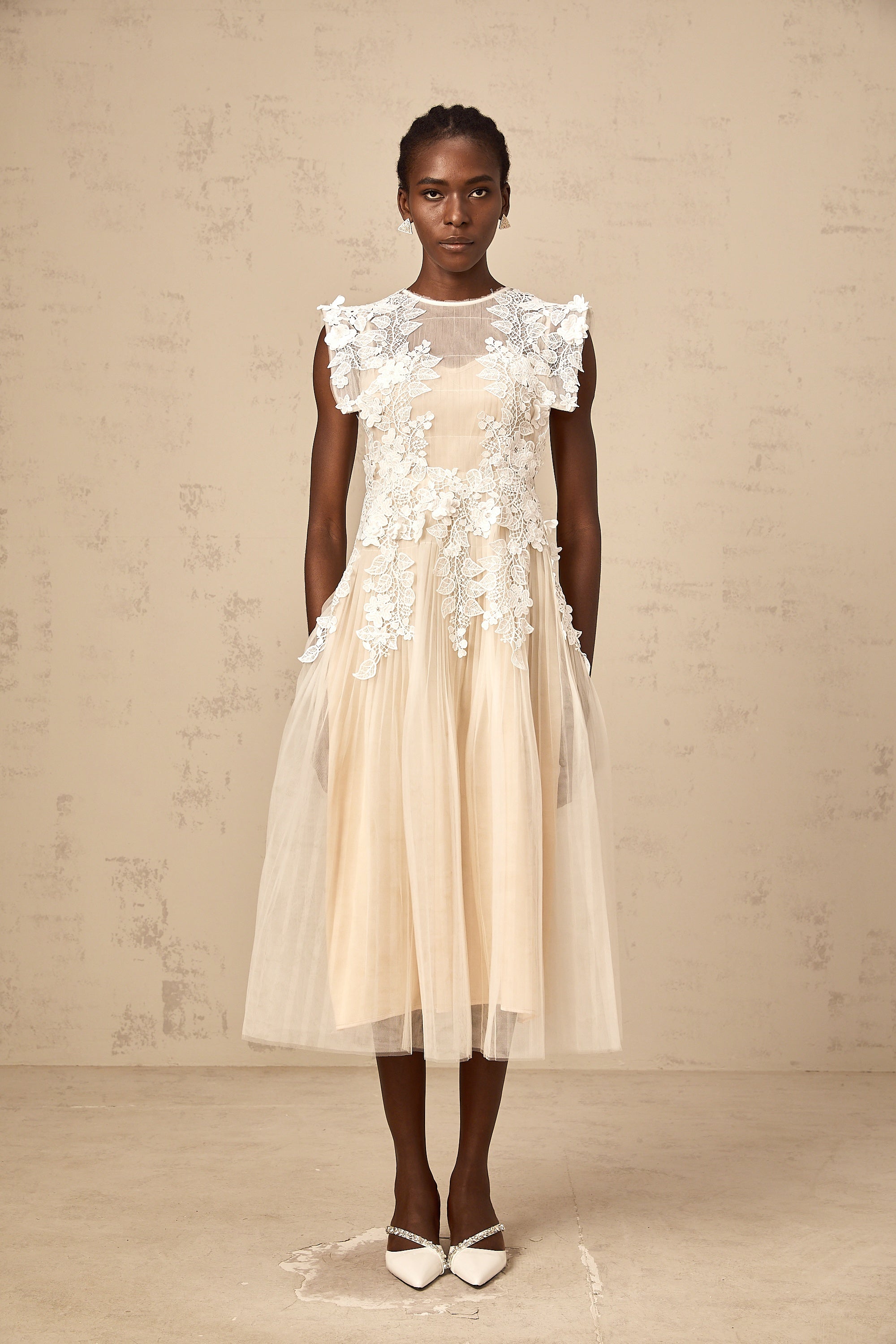 Flower-Appliqué Tulle Midi Dress