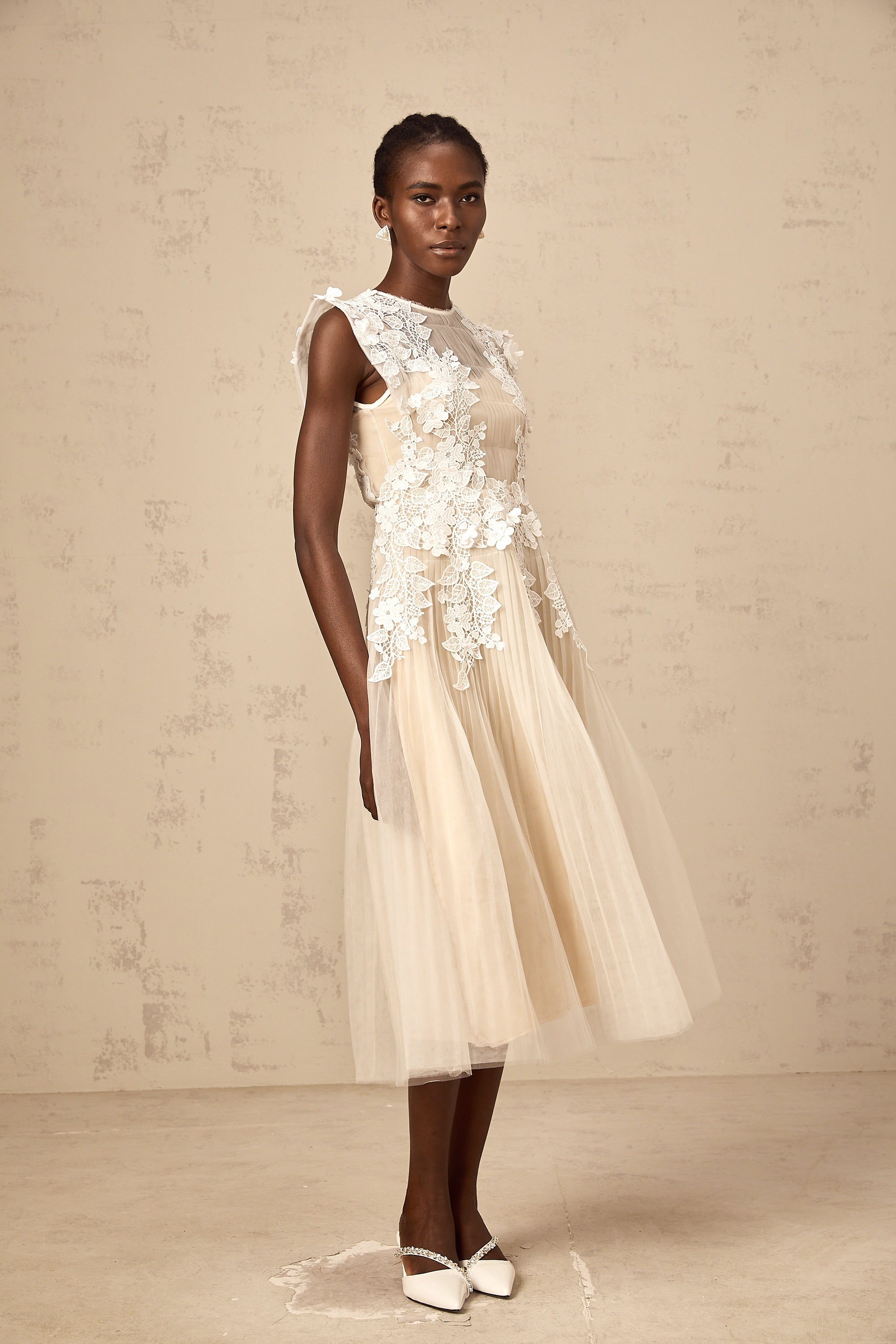 Flower-Appliqué Tulle Midi Dress