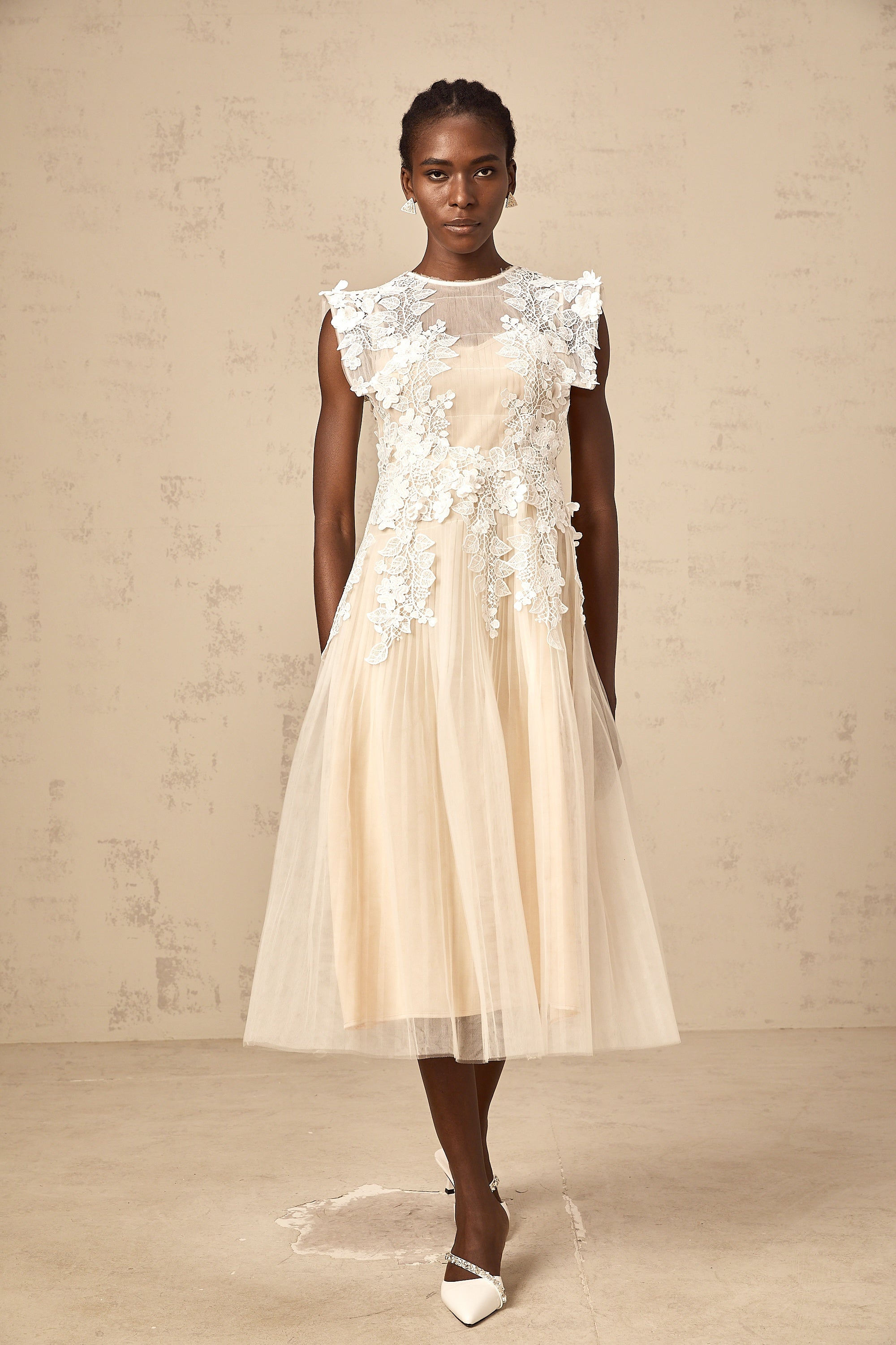 Flower-Appliqué Tulle Midi Dress