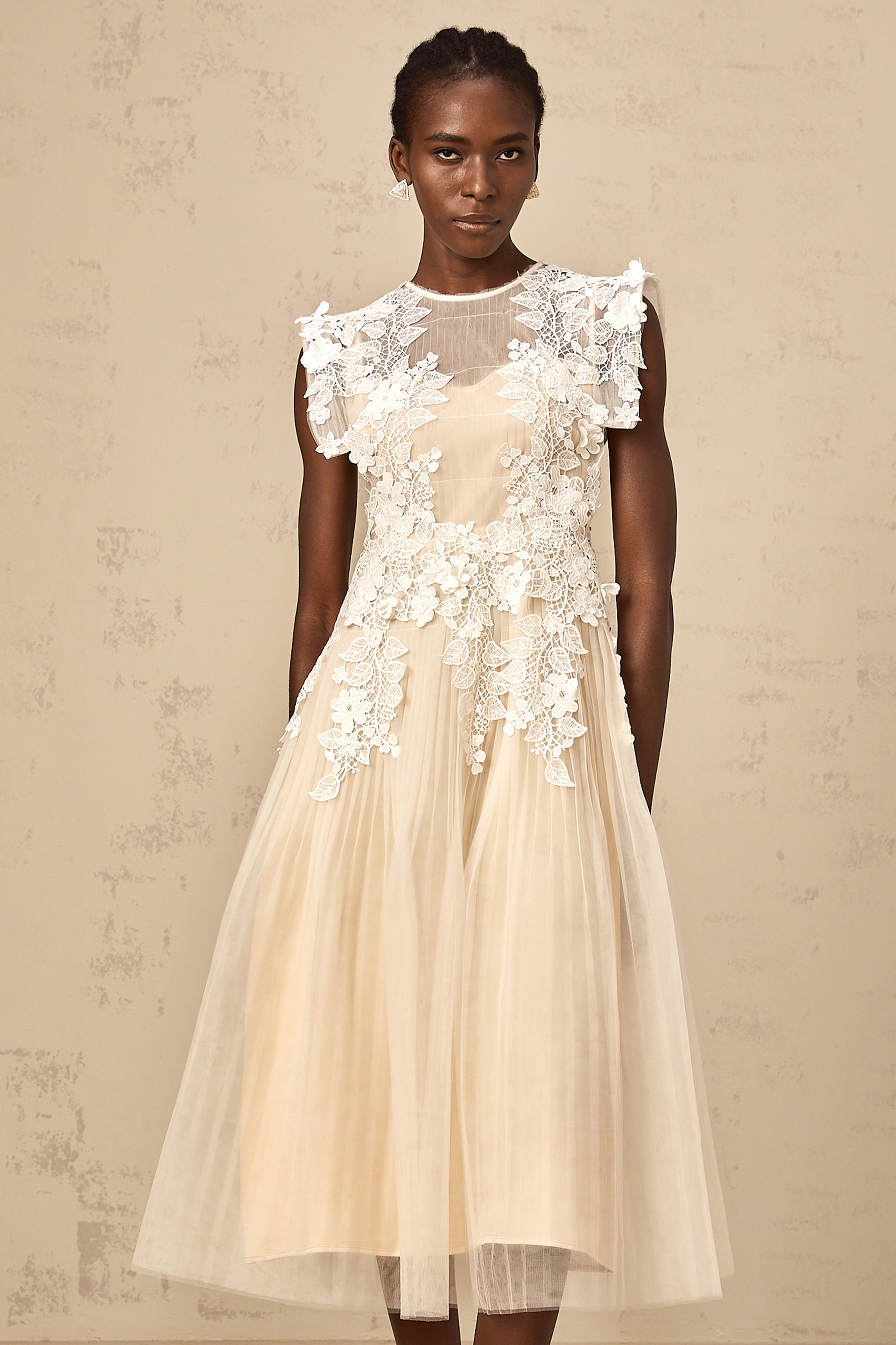 Flower-Appliqué Tulle Midi Dress
