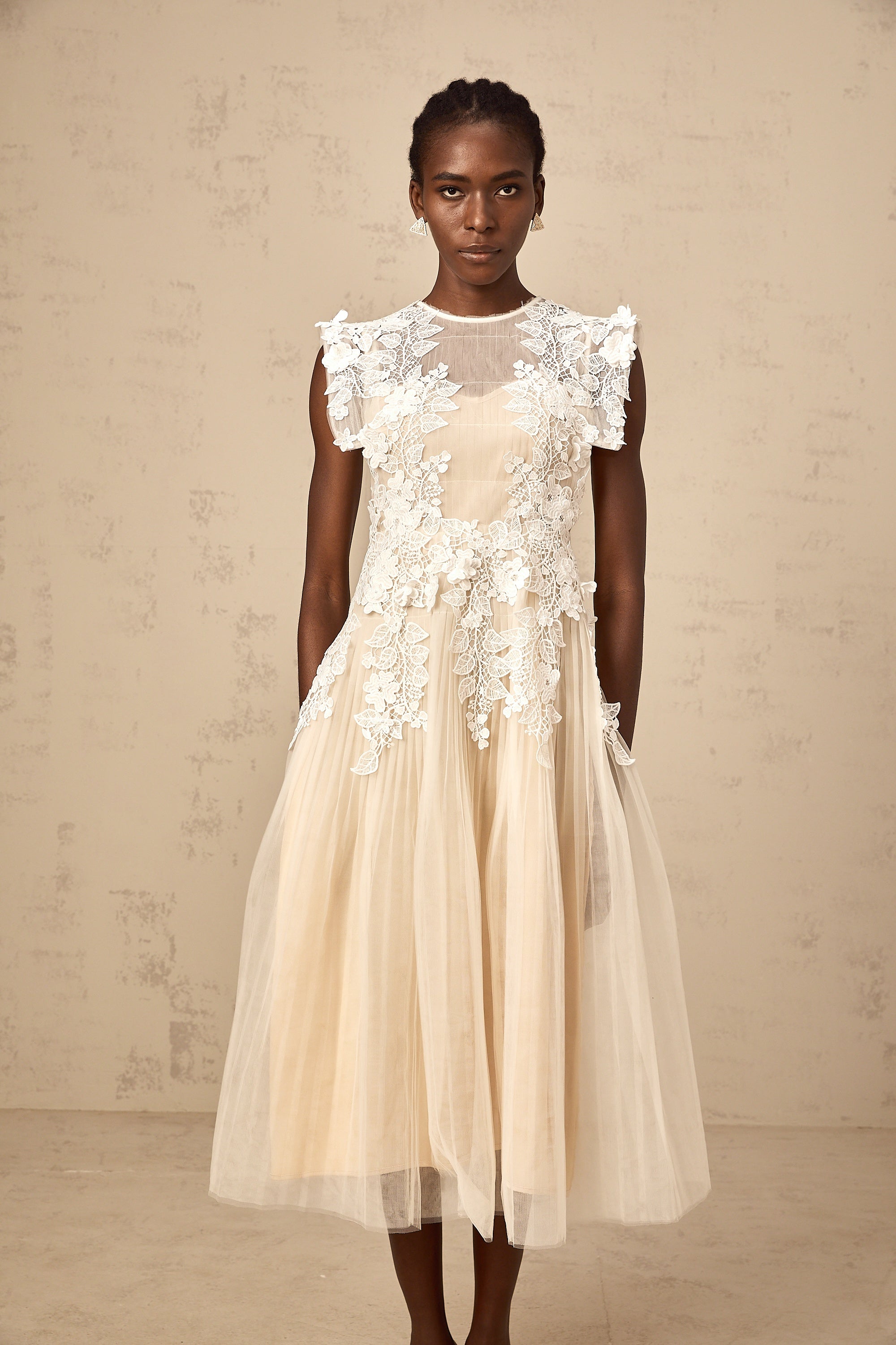 Flower-Appliqué Tulle Midi Dress