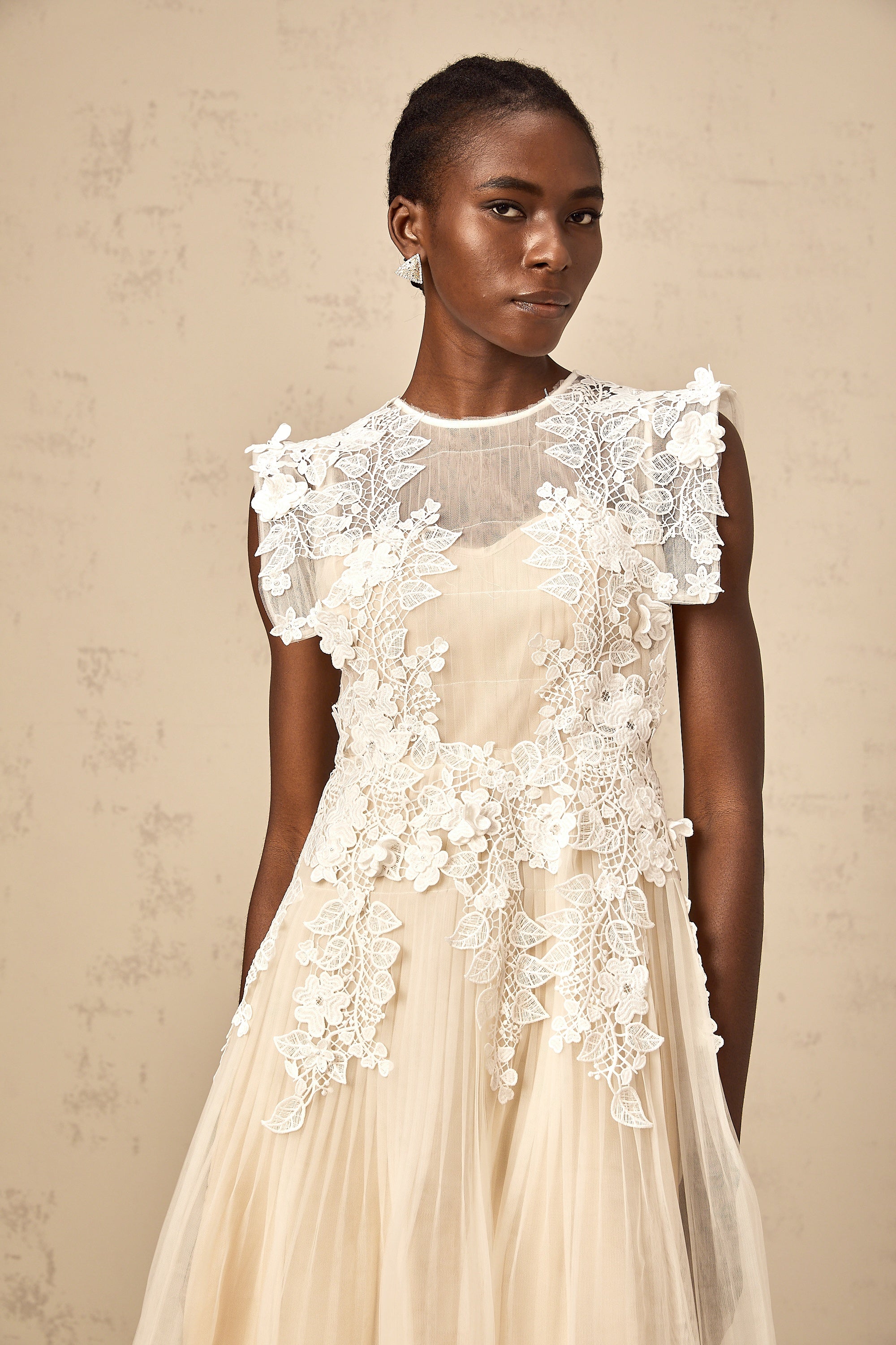 Flower-Appliqué Tulle Midi Dress