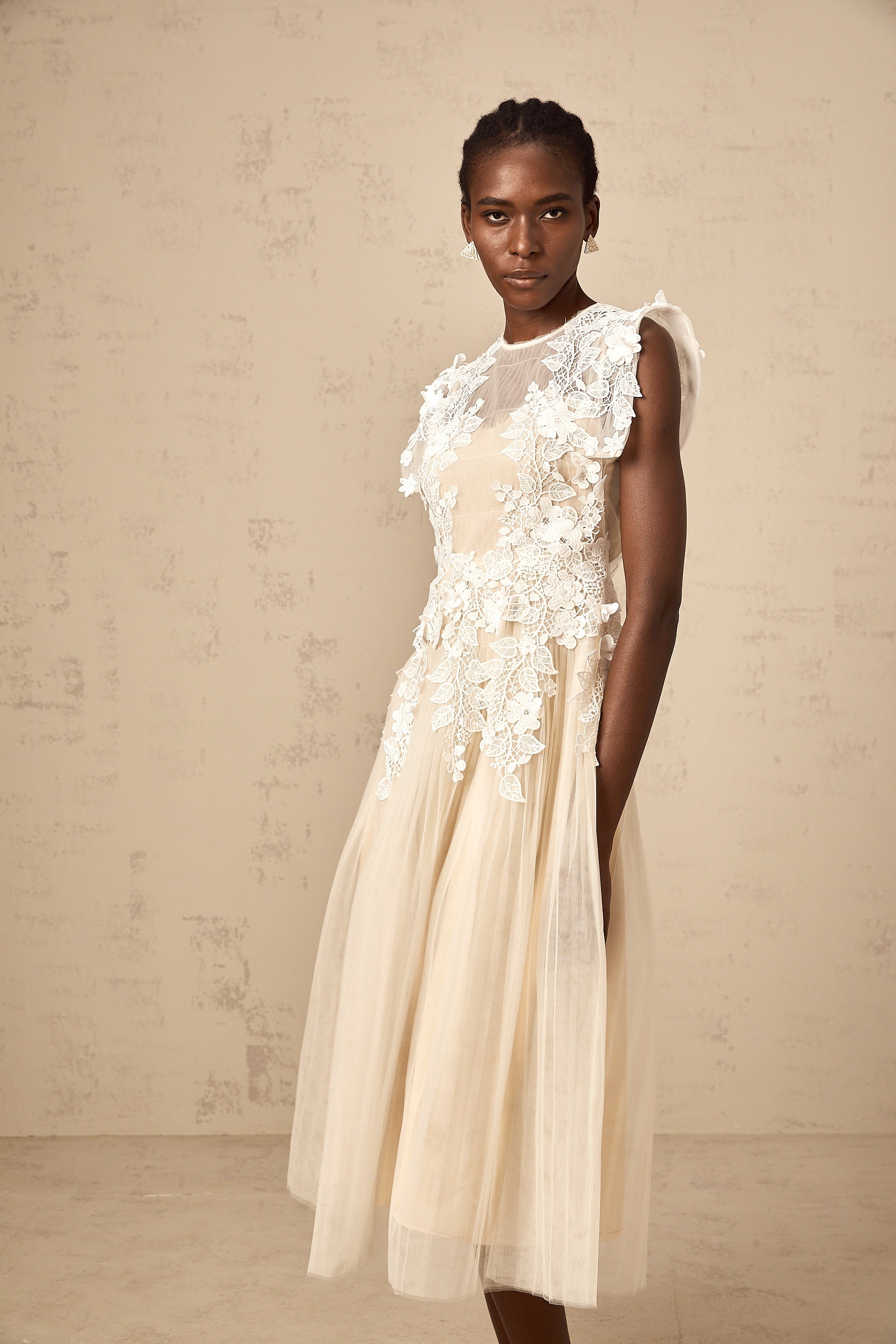 Flower-Appliqué Tulle Midi Dress