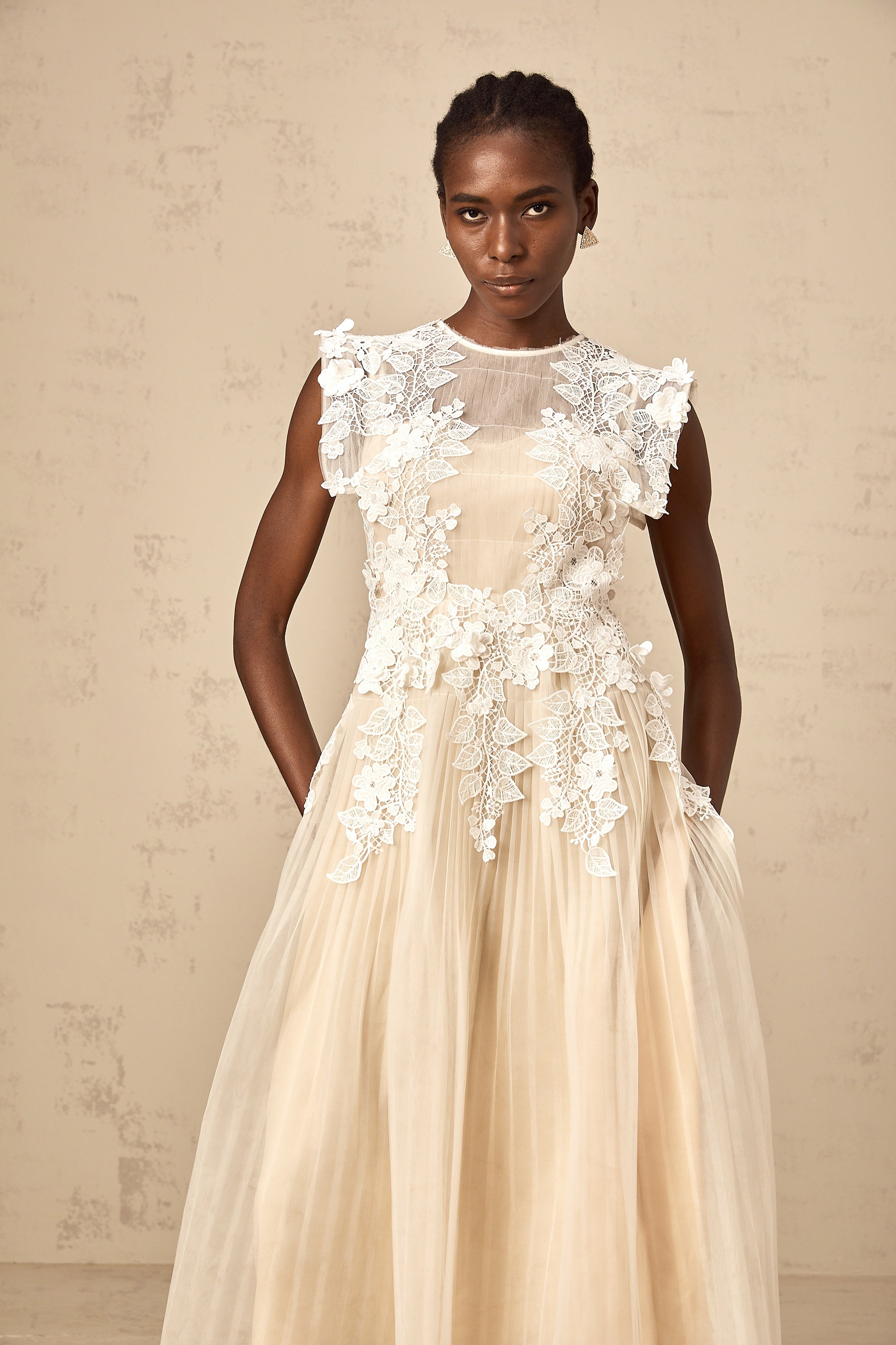 Flower-Appliqué Tulle Midi Dress