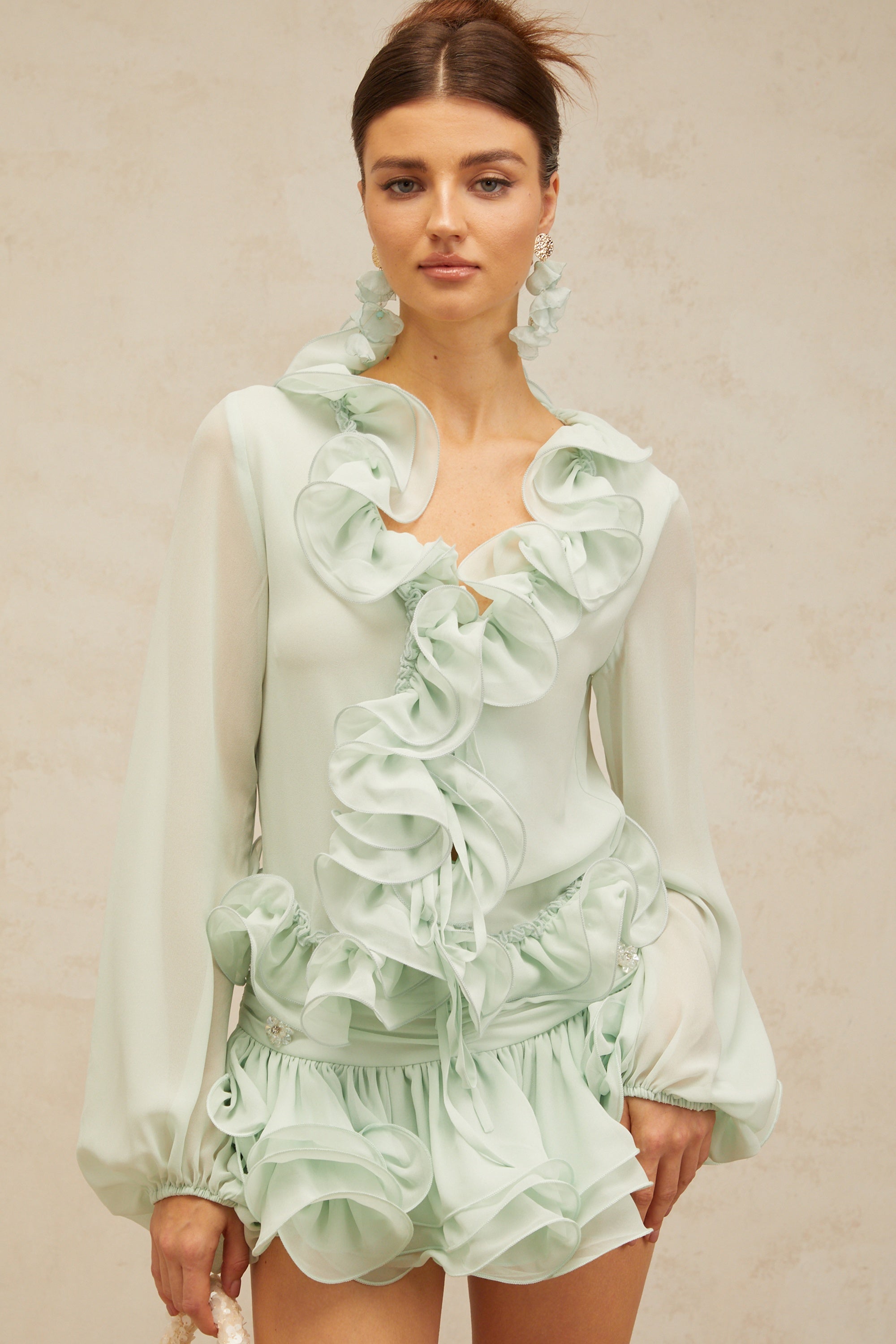 Noémie green flounced chiffon blouse & skirt matching set – Miss