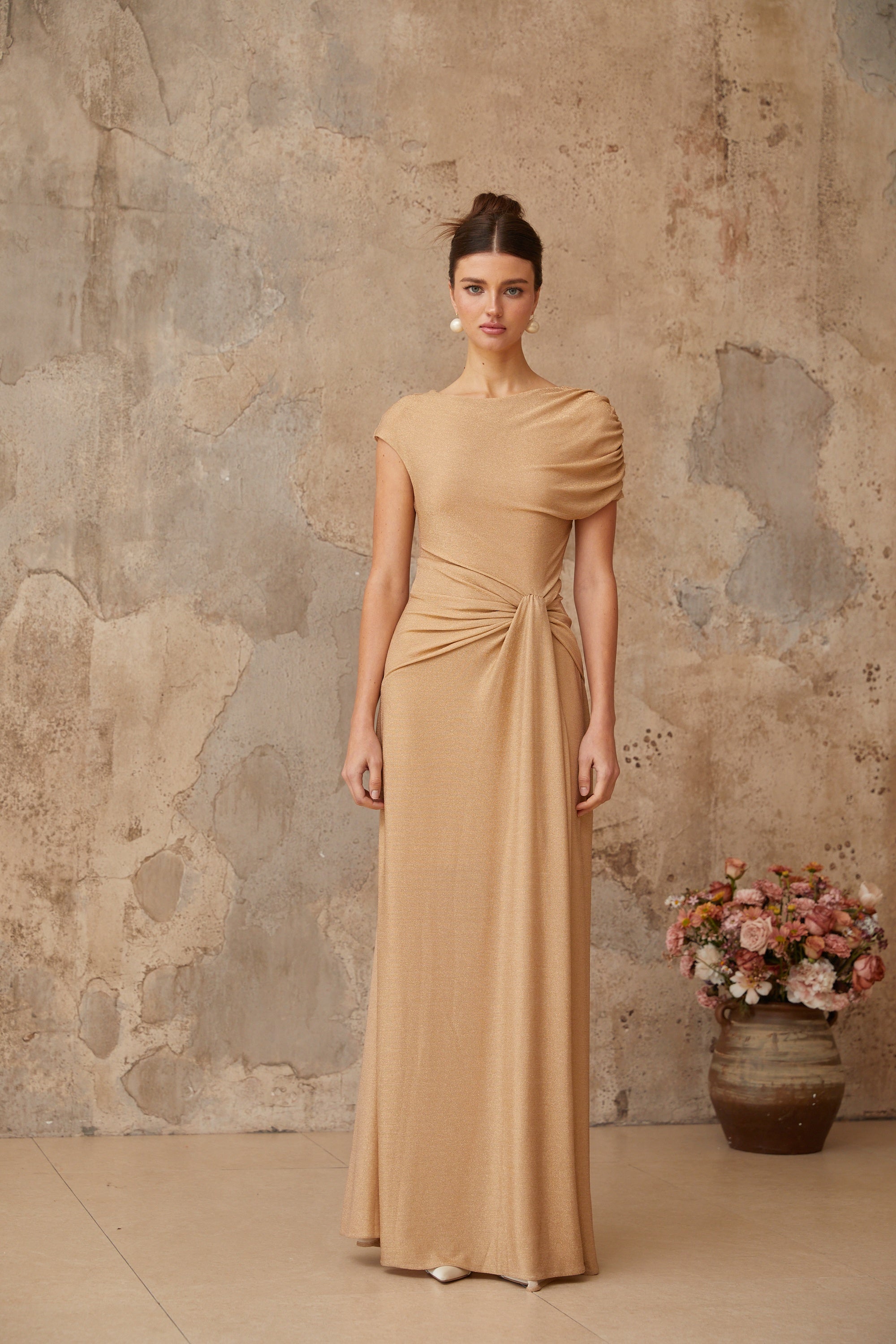 Rosalie gold asymmetrical pleated maxi dress – Miss Rosier