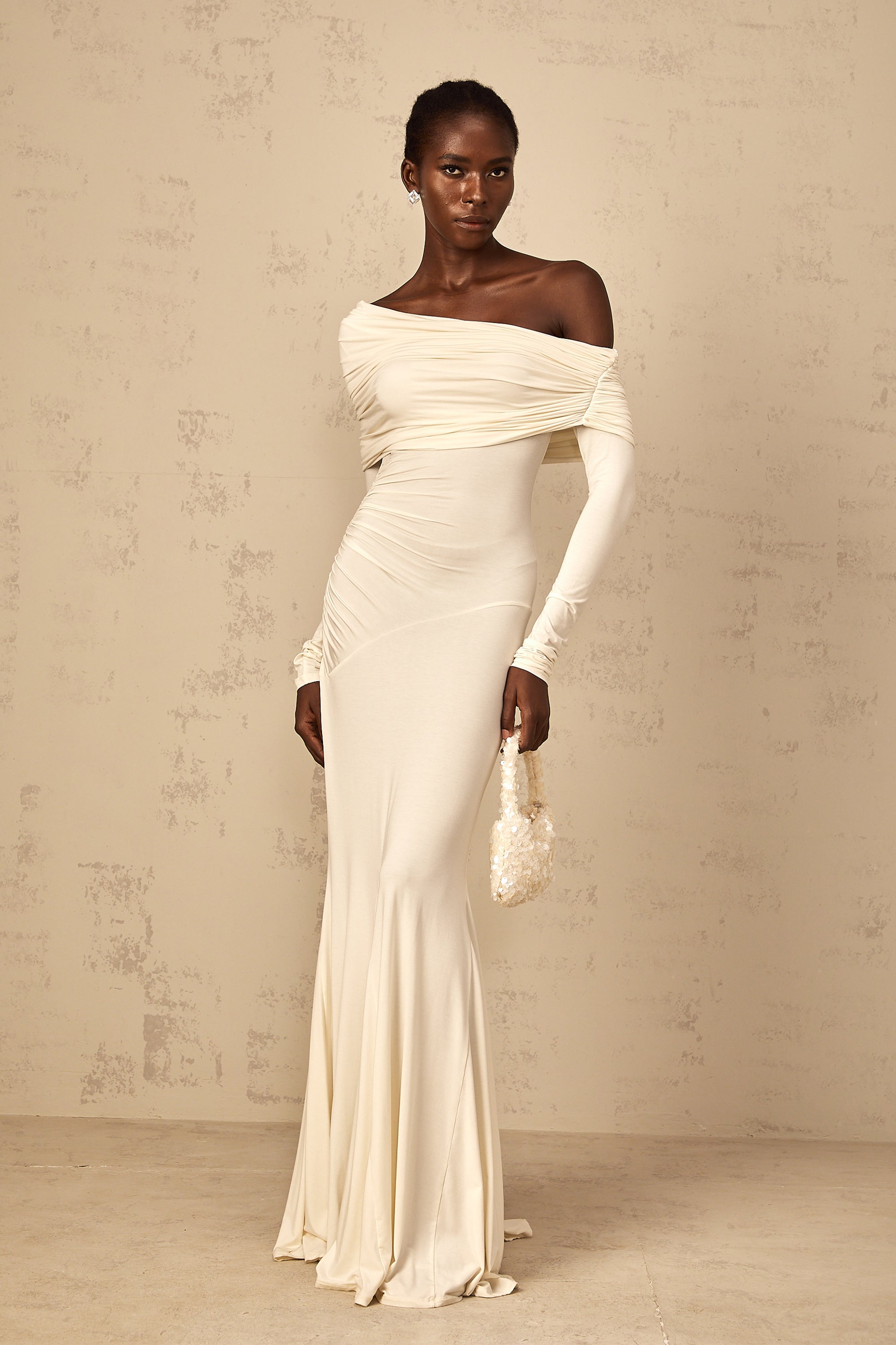 Delphine White Off-Shoulder Ruched Maxi Dress – Miss Rosier