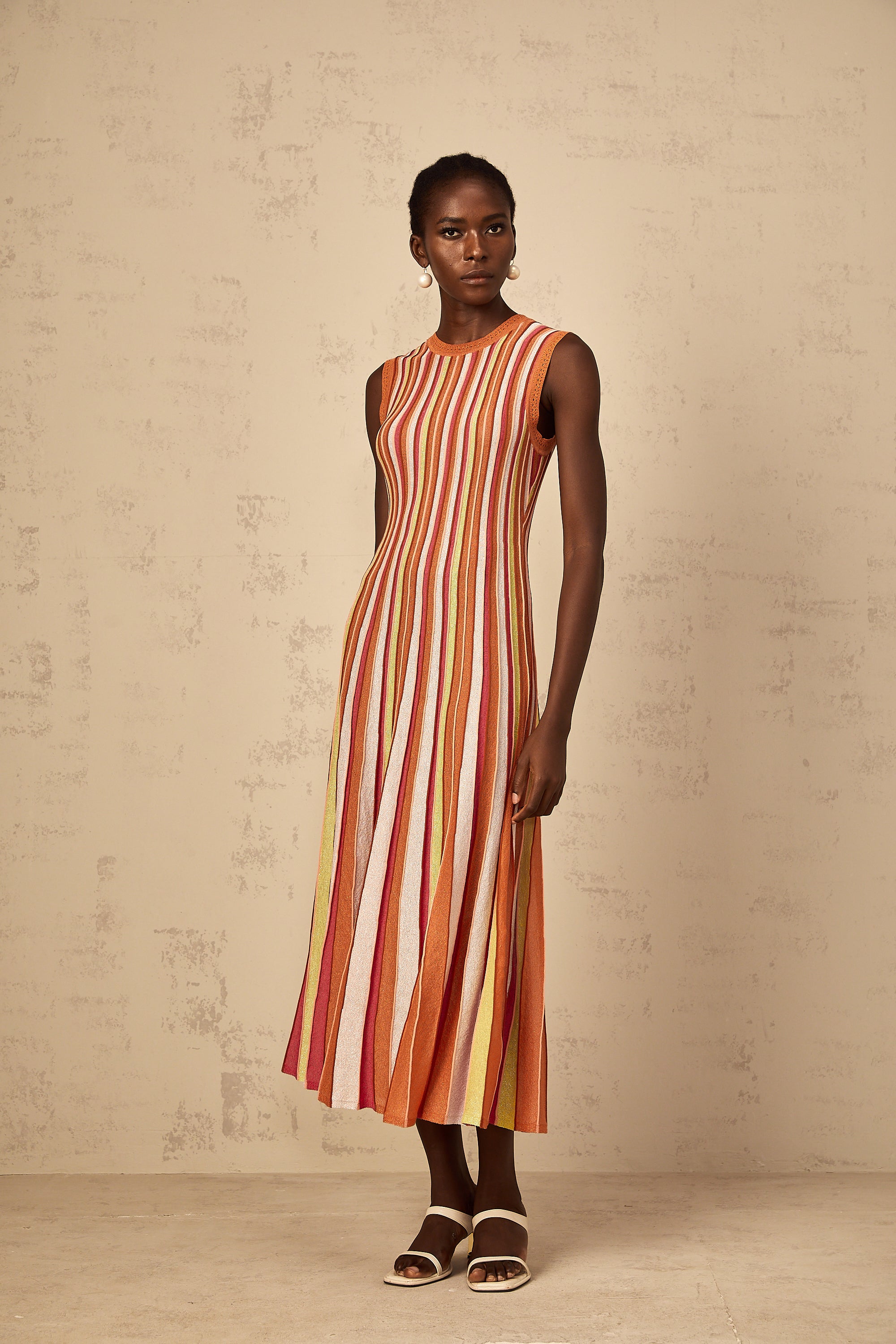 Abriana Orange Vertical Striped Knit Midi Dress – Miss Rosier
