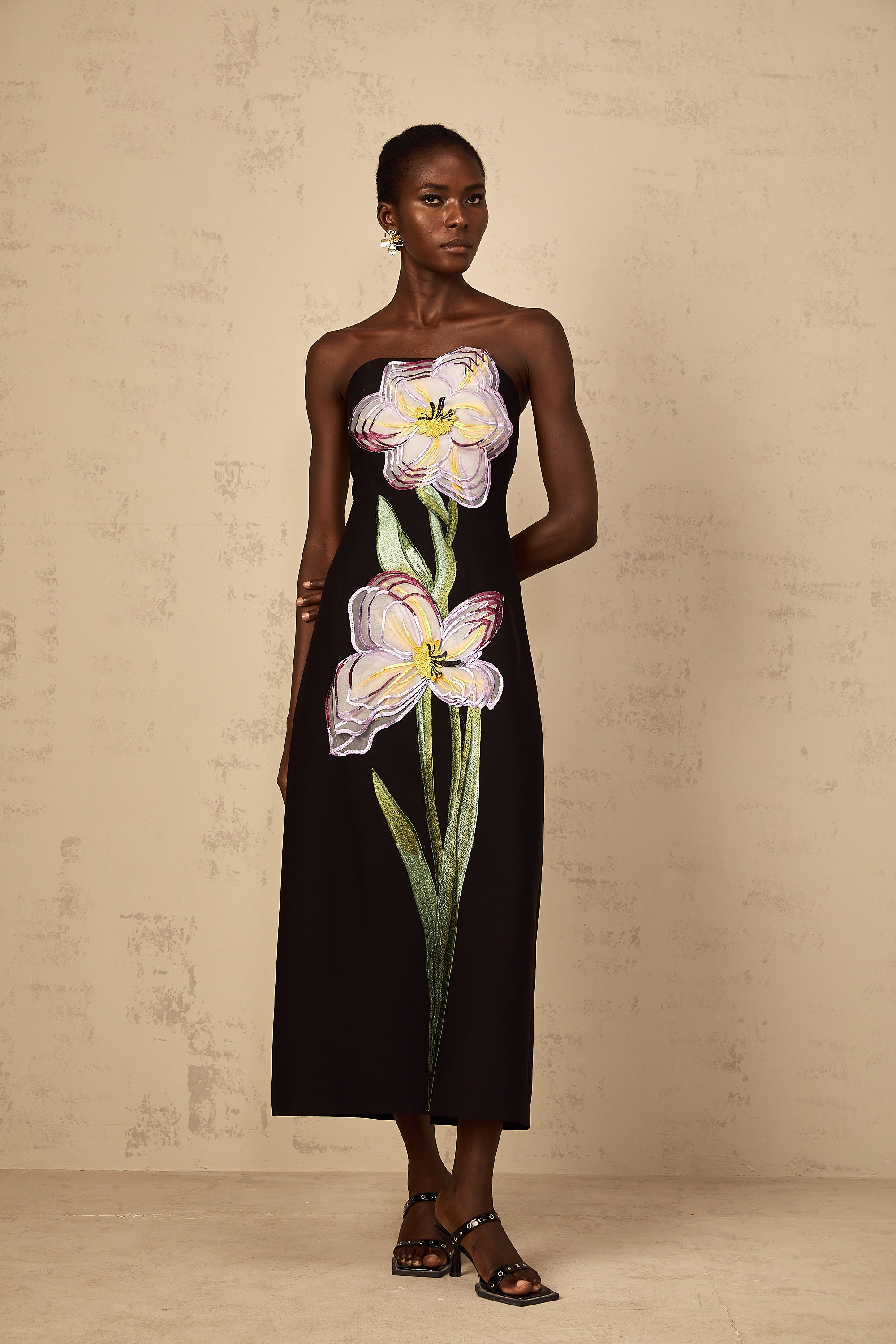 Irène Sequin Embroidered Off-Shoulder Midi Dress in Black – Miss
