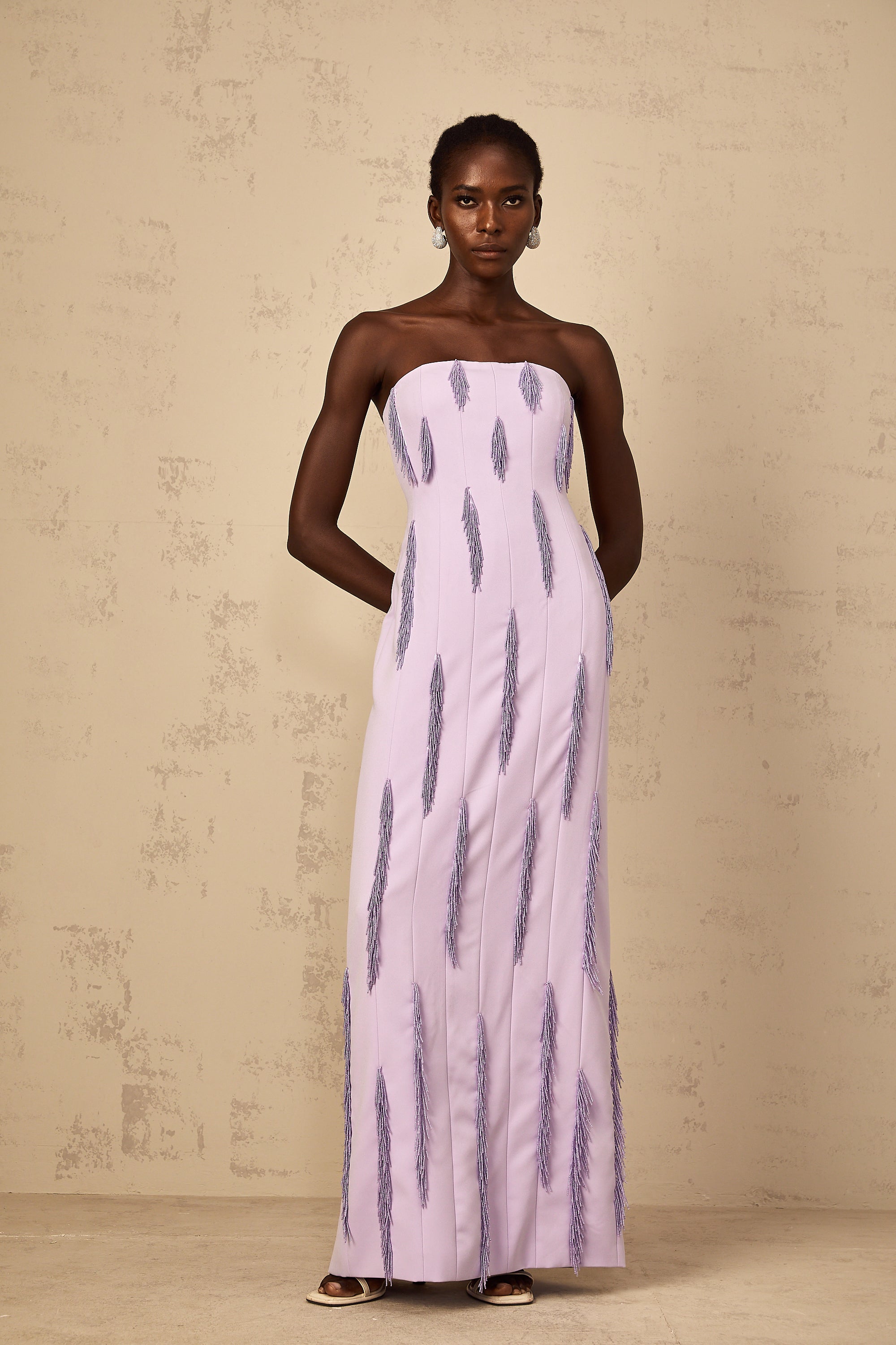 Lavender strapless maxi dress with vertical fringe detailing