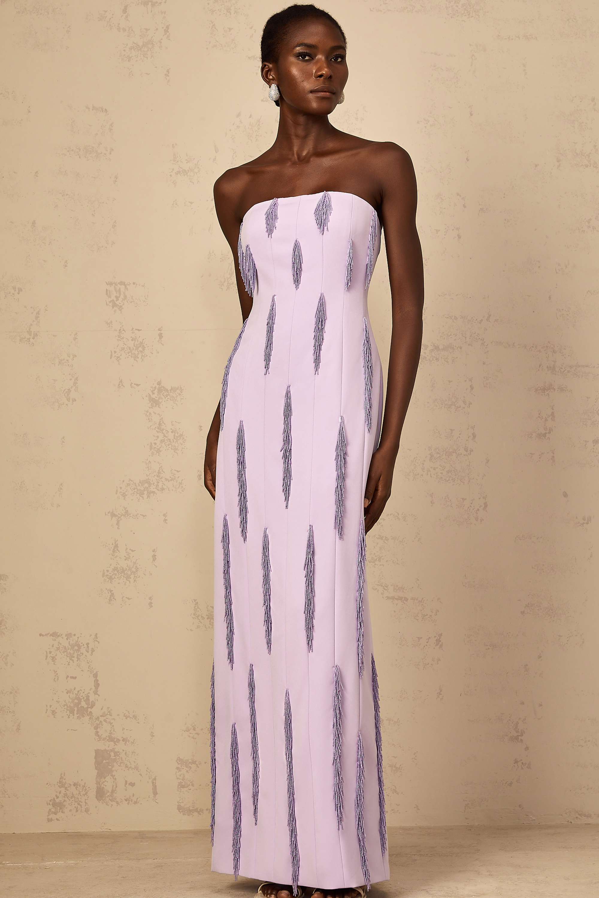 Lavender strapless maxi dress with vertical fringe detailing