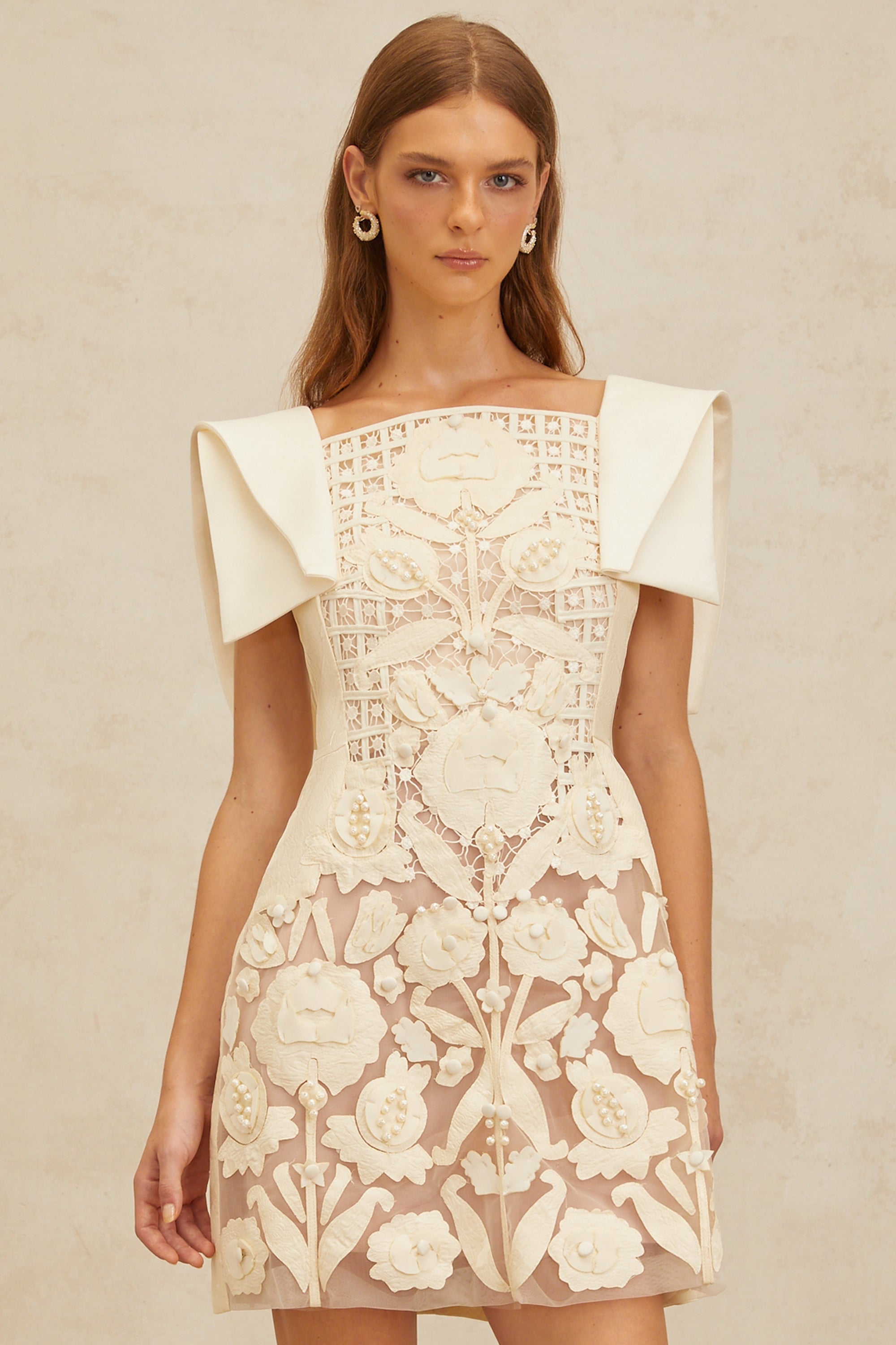 Floral Appliqué Crochet Mini Dress