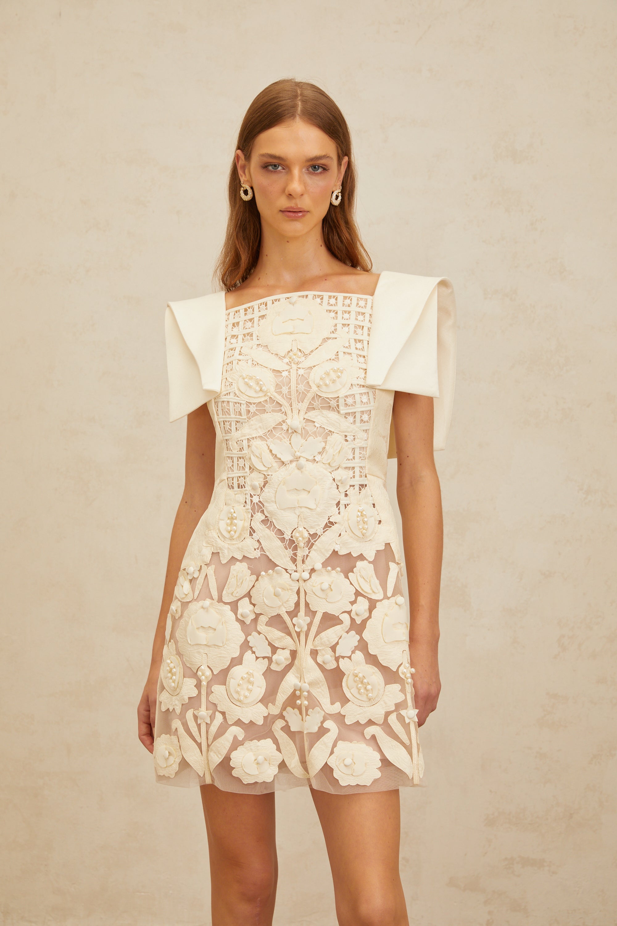 Floral Appliqué Crochet Mini Dress