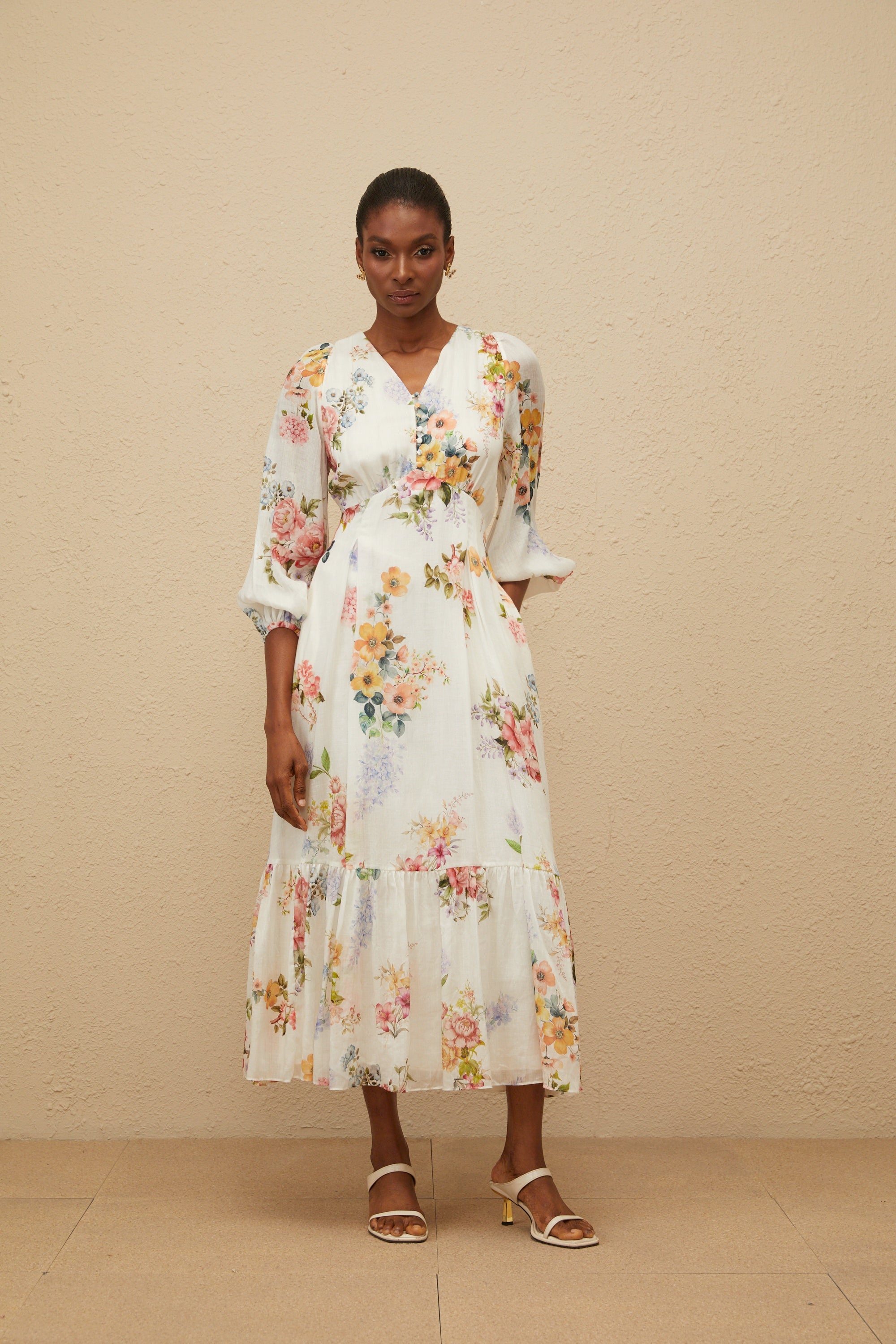 Noémie White Floral Print V-Neck Midi Dress – Miss Rosier