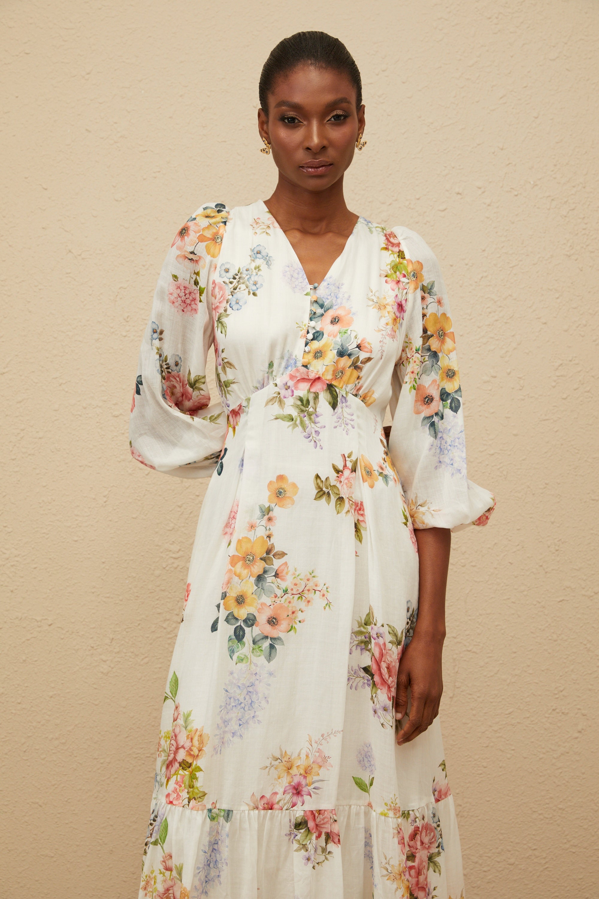 Noémie White Floral Print V-Neck Midi Dress – Miss Rosier