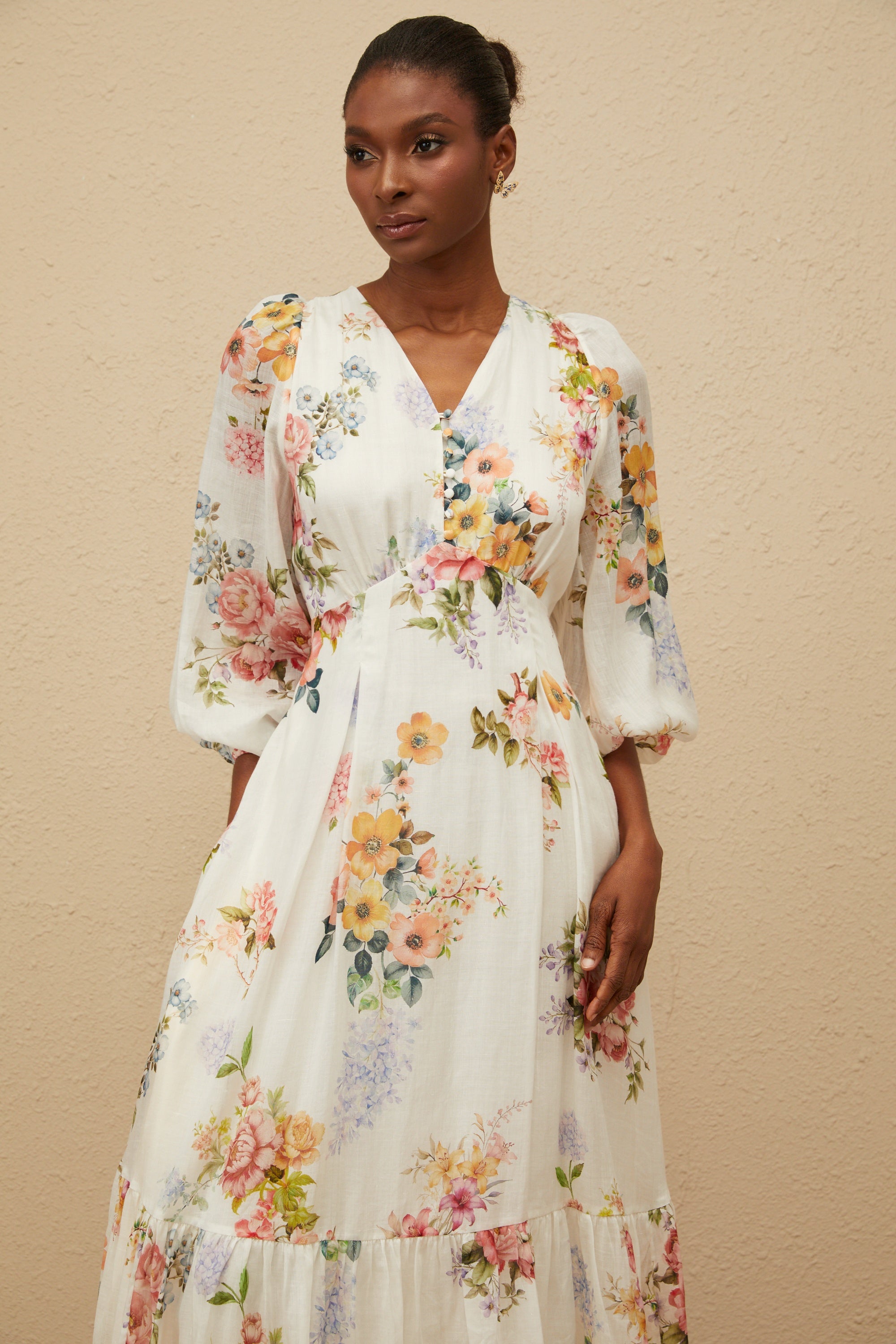 Noémie White Floral Print V-Neck Midi Dress – Miss Rosier