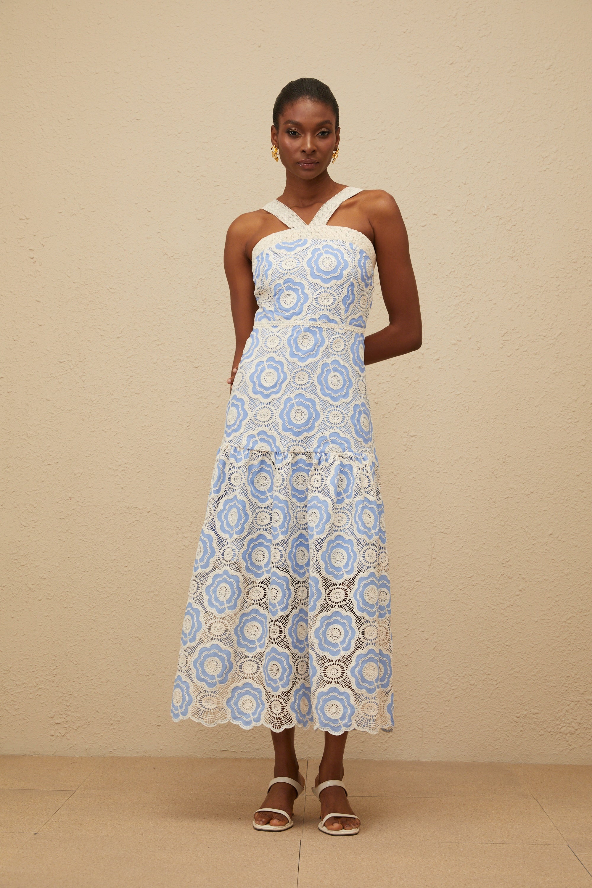 Frivole Blue Crochet Floral Midi Dress – Miss Rosier - Women's