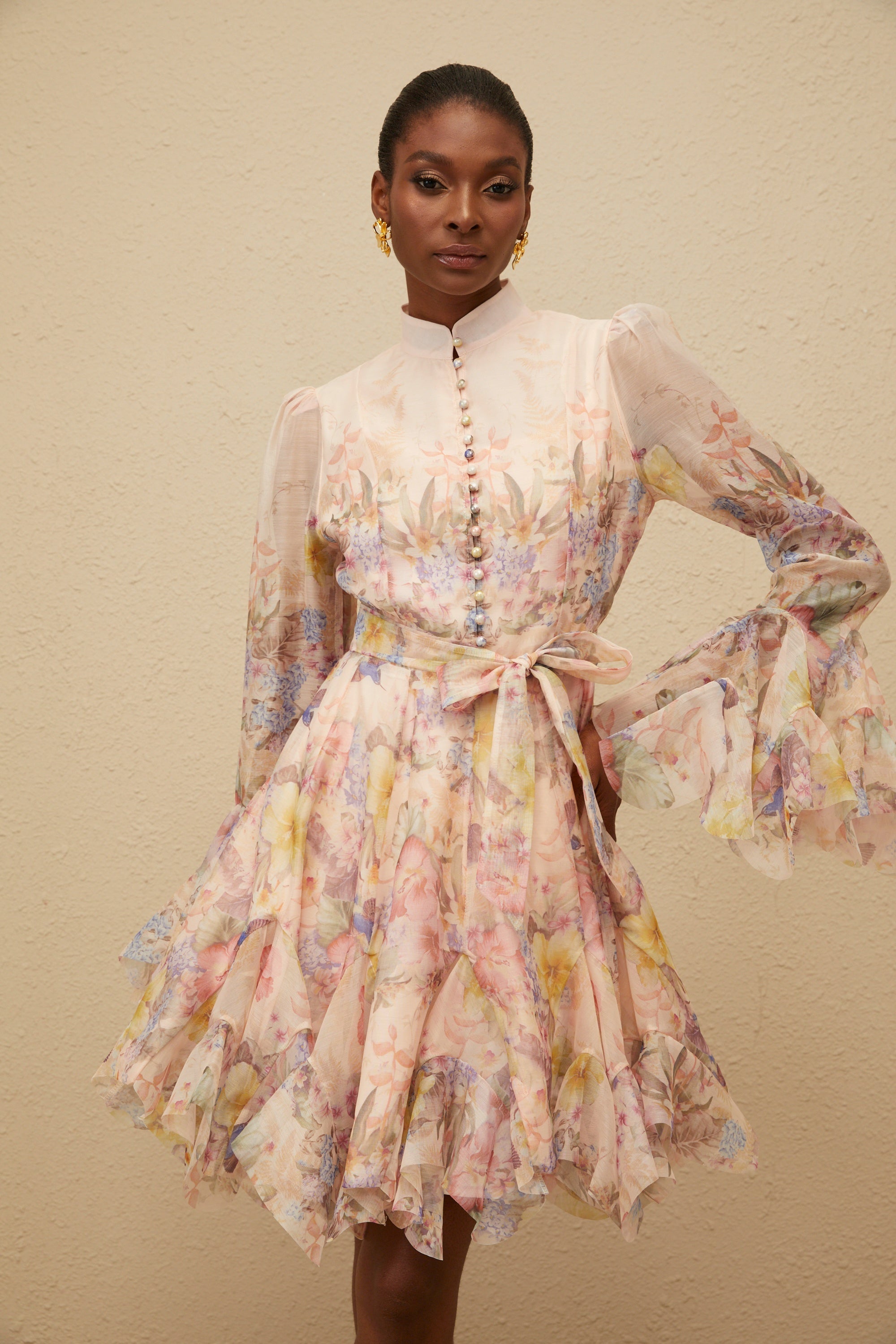 Pink Godet Floral Mini Dress