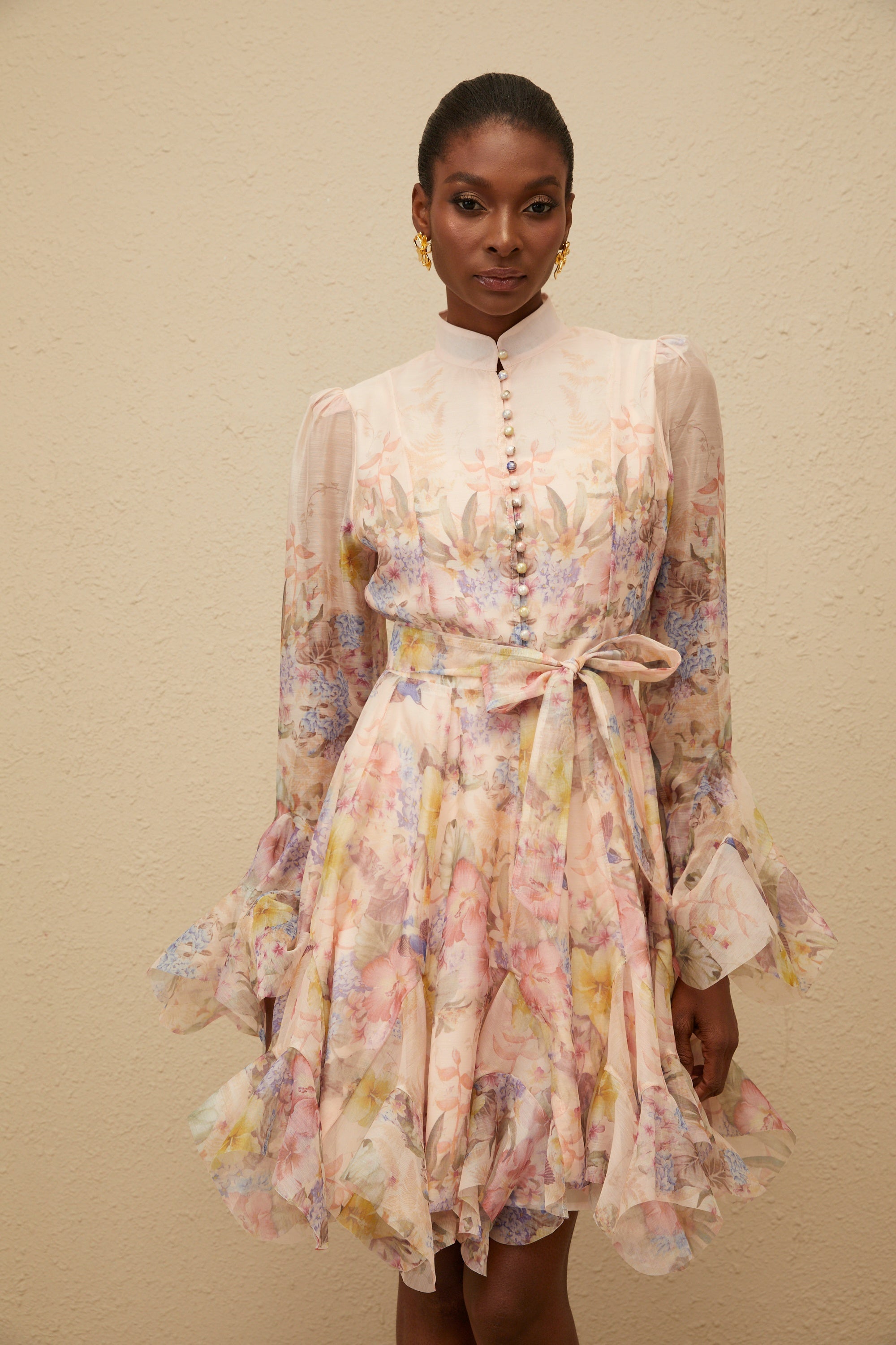 Pink Godet Floral Mini Dress
