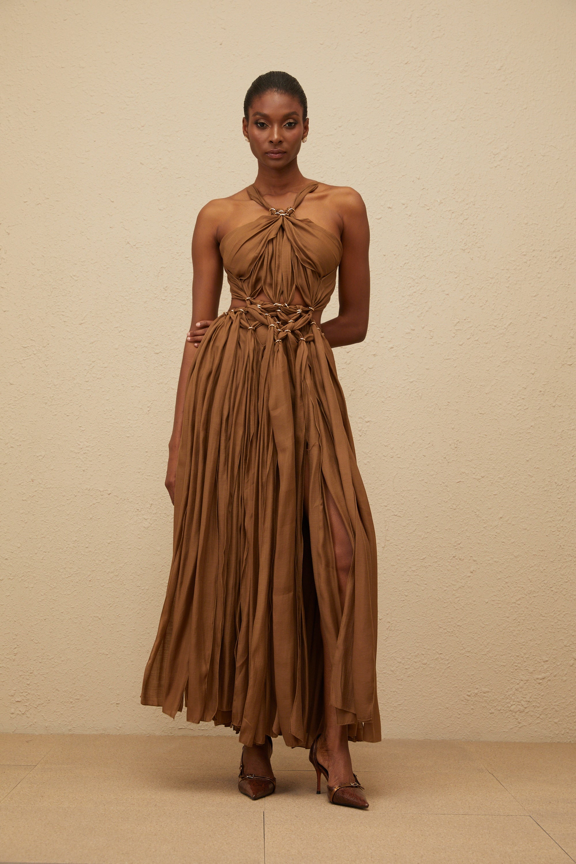 Dorry doll リルアー drape design dress brown Déotille Brown Braided Cutout Shirred Midi Dress – Miss Rosier