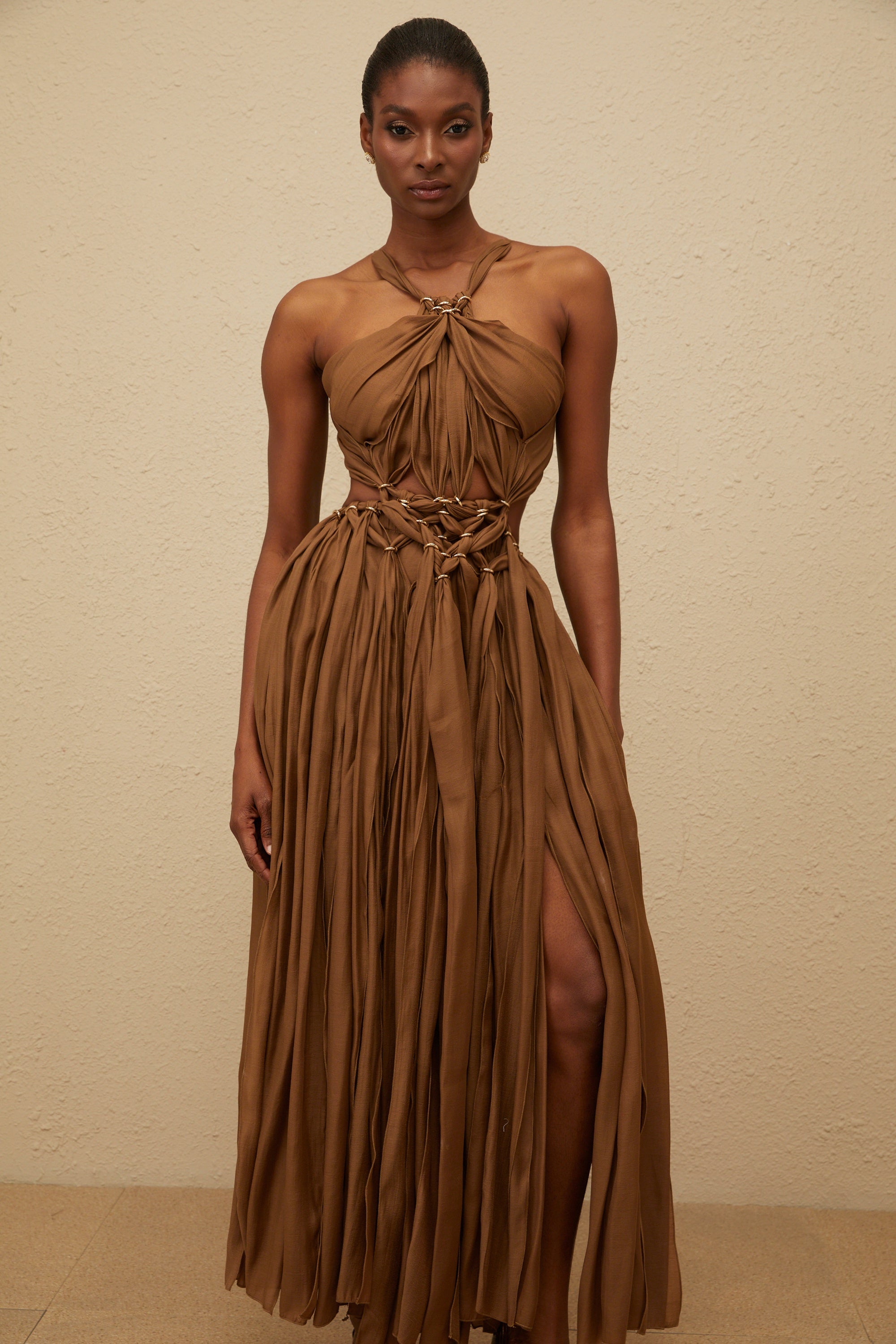 Déotille Brown Braided Cutout Shirred Midi Dress – Miss Rosier