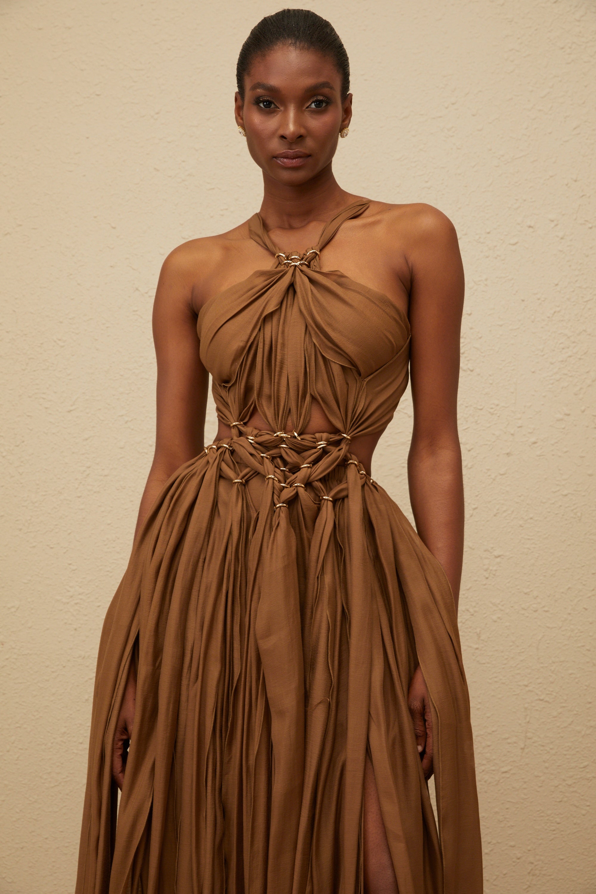 Déotille Brown Braided Cutout Shirred Midi Dress – Miss Rosier