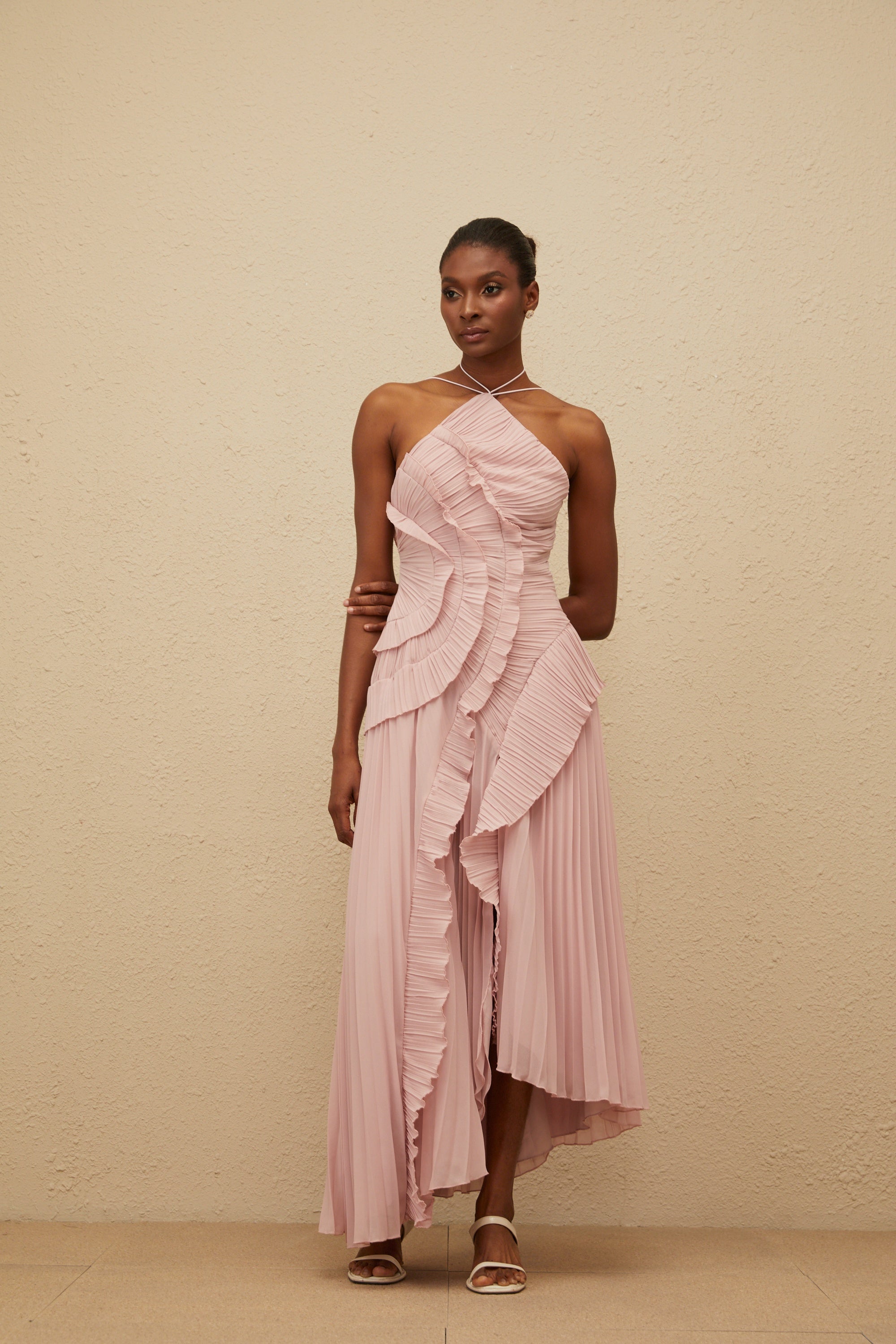 Pleated Frill Halter Neck Midi Dress