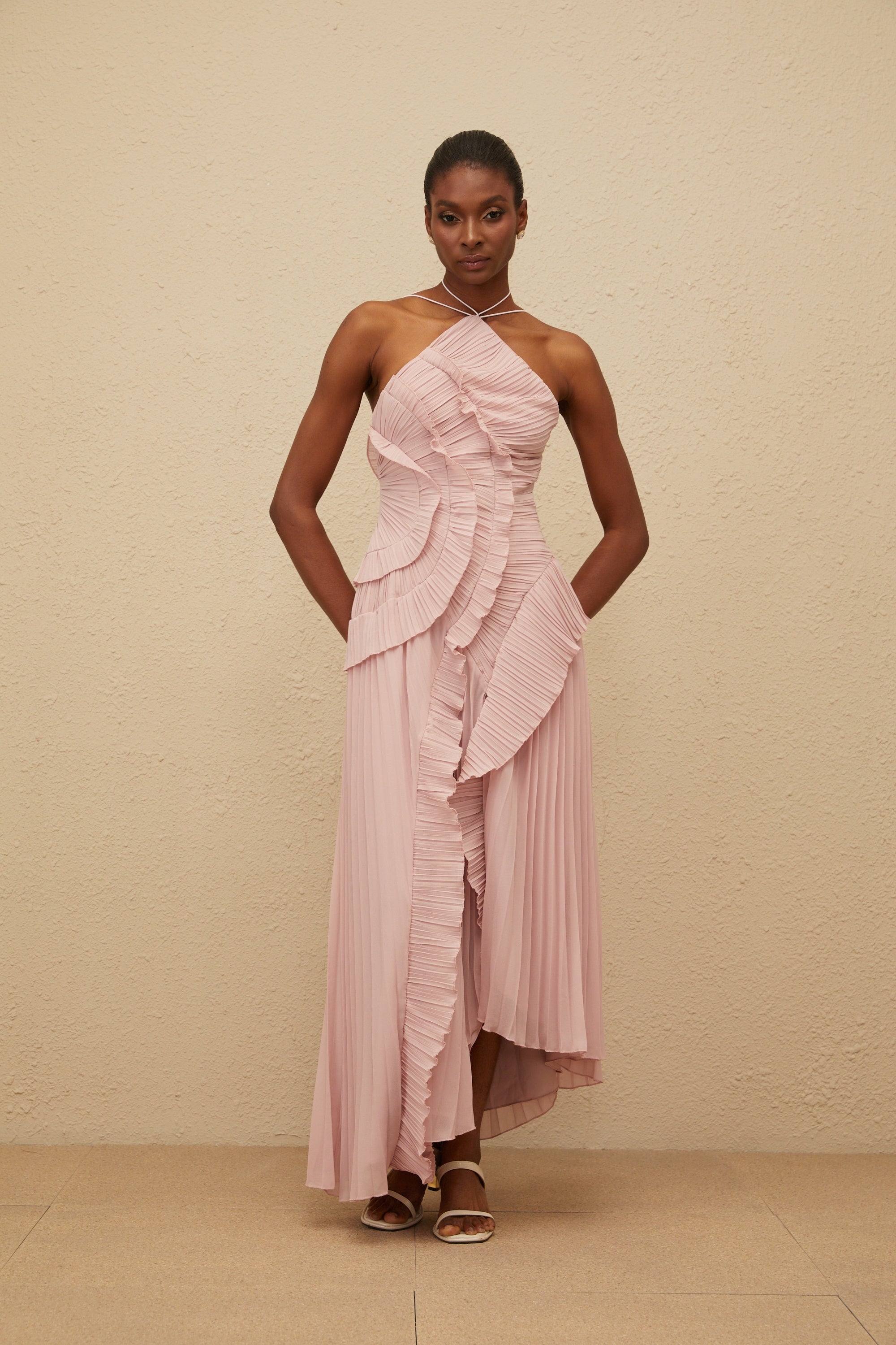 Pink Ruffled Pleated Midi Dress
