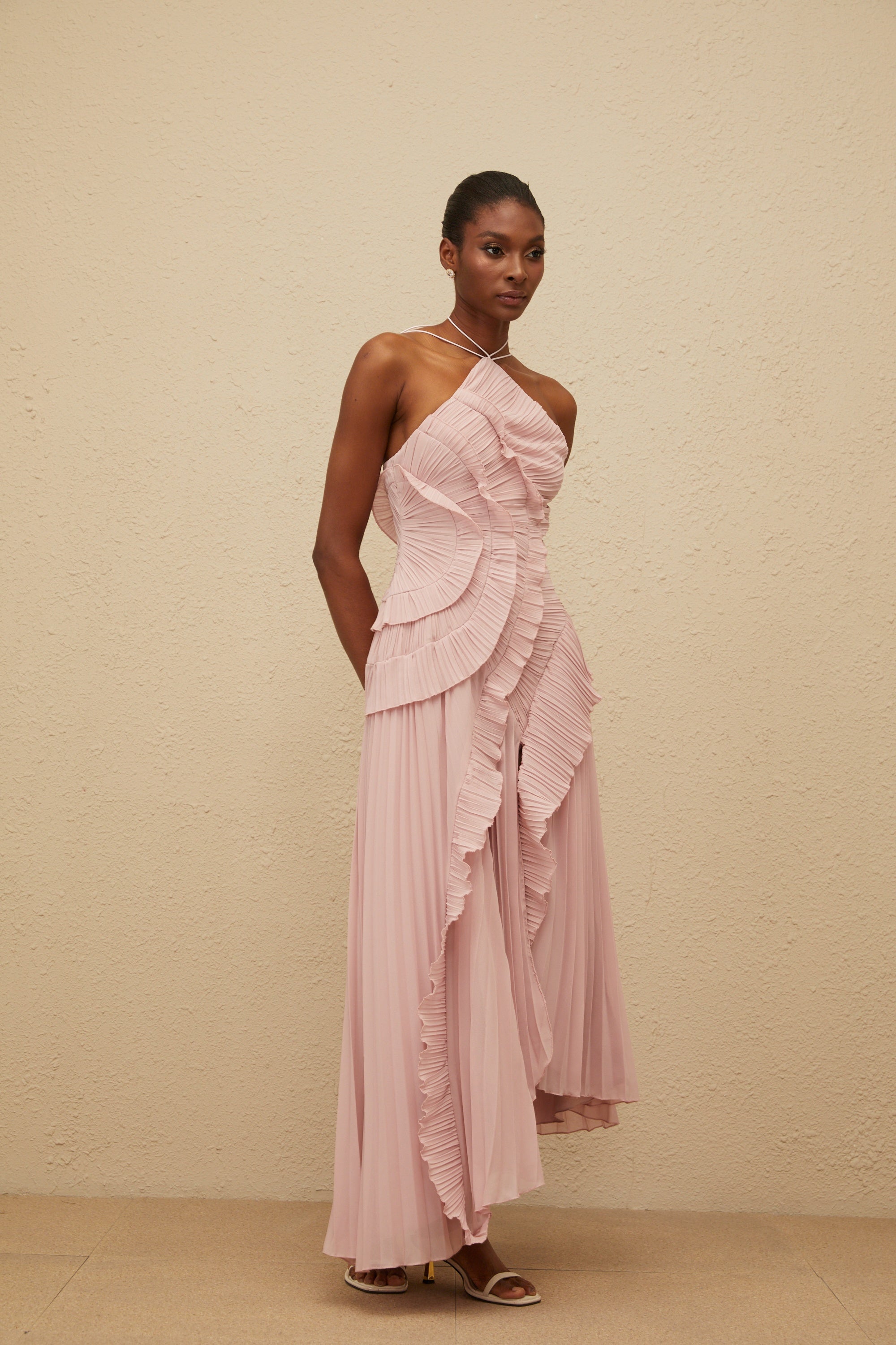 Pleated Frill Halter Neck Midi Dress