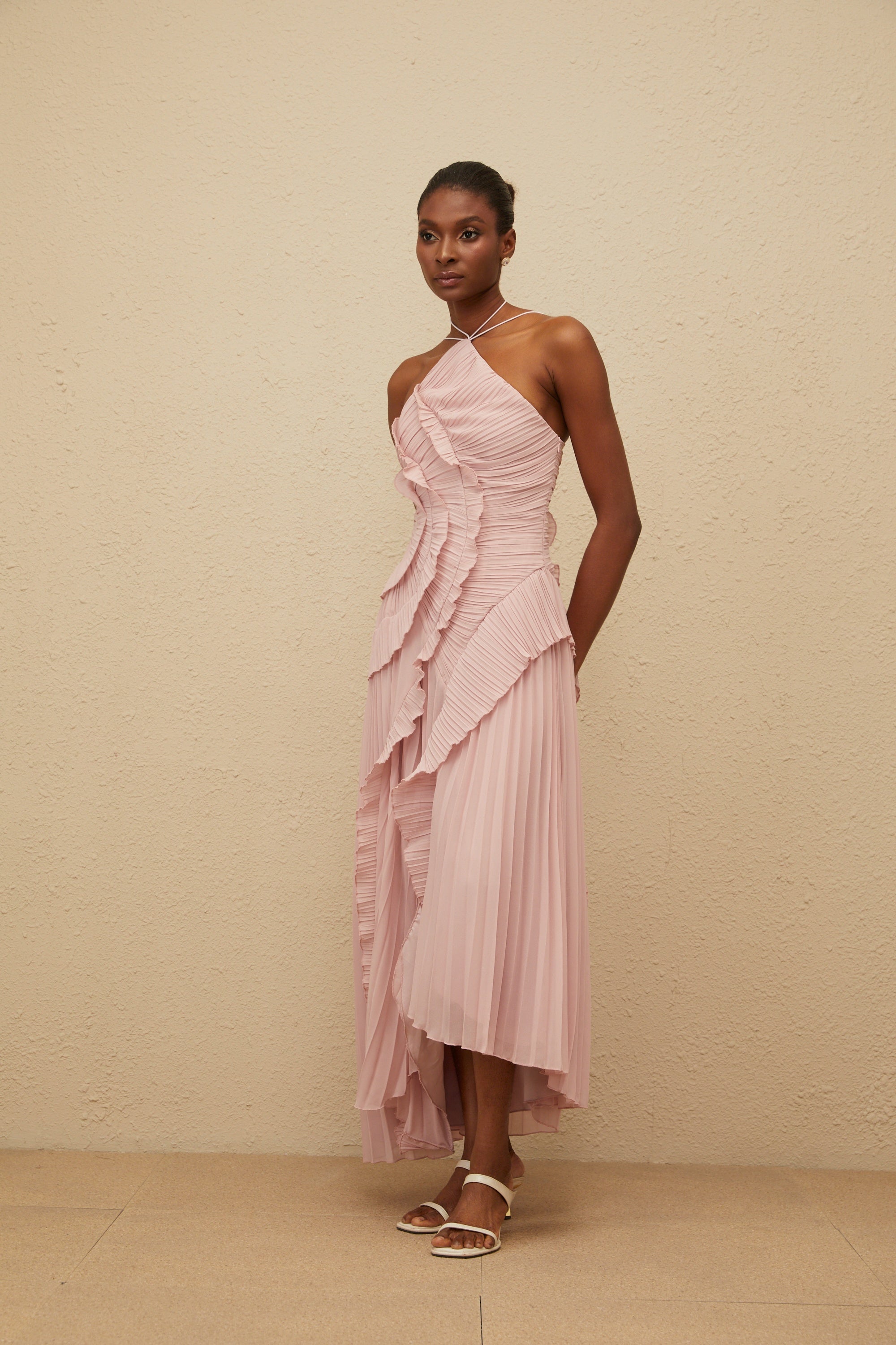 Pink Ruffled Pleated Midi Dress