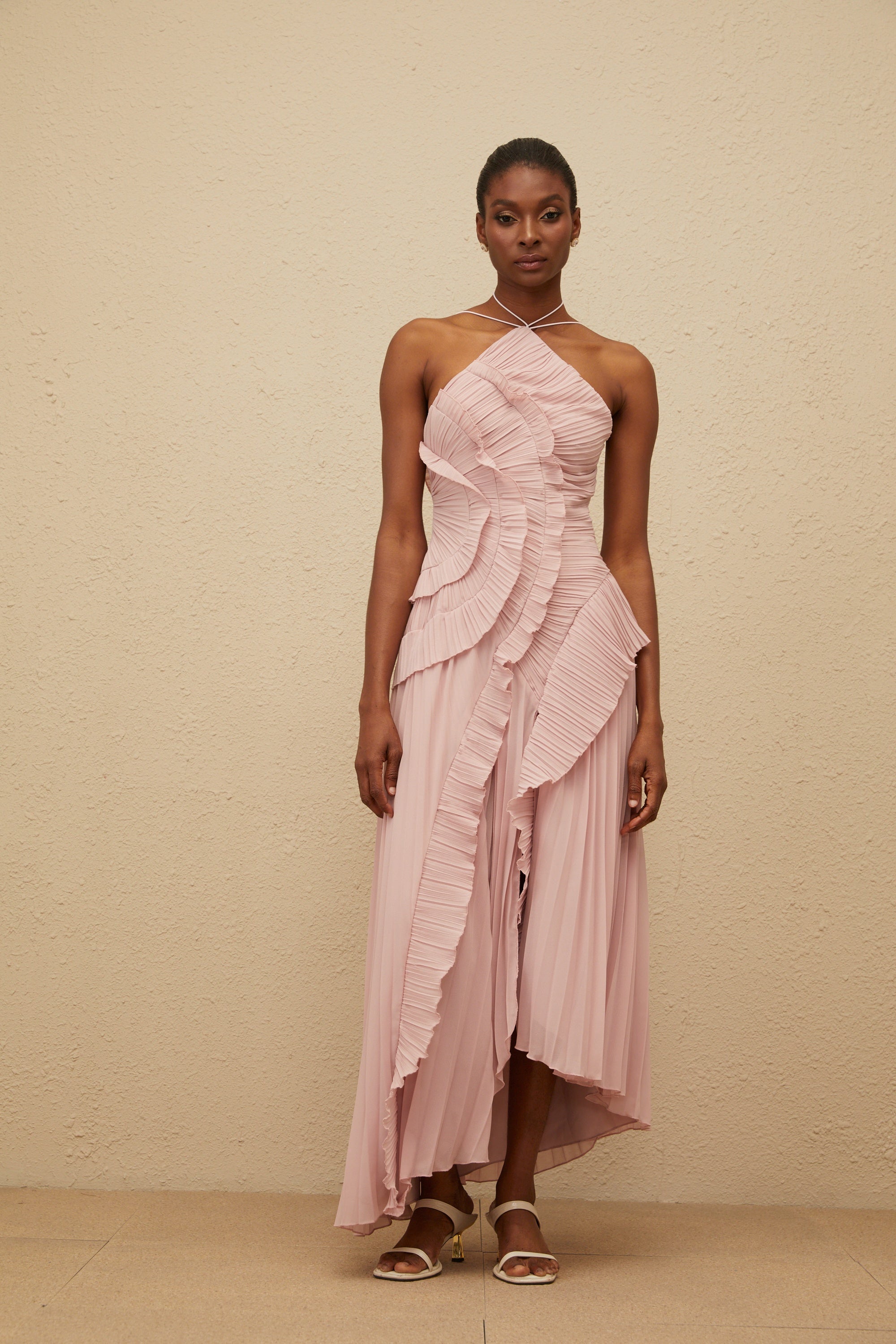 Pink Ruffled Pleated Midi Dress