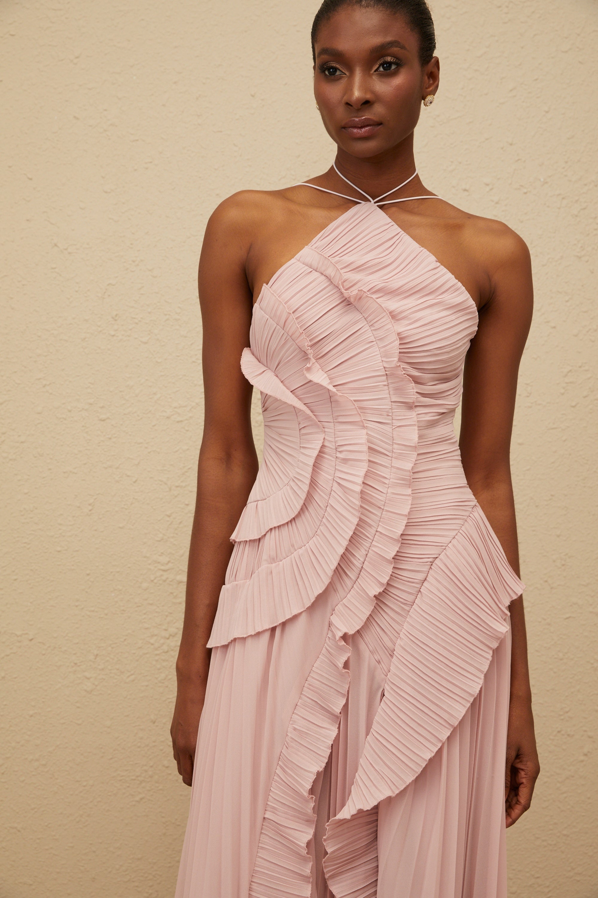 Pink Ruffled Pleated Midi Dress