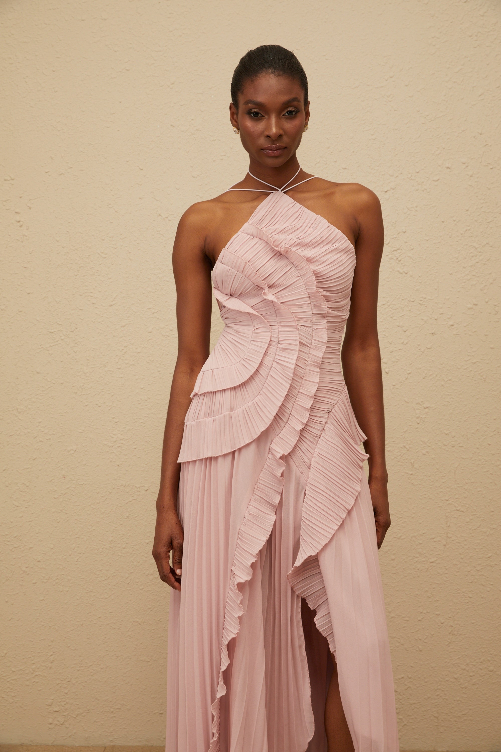Pink Ruffled Pleated Midi Dress